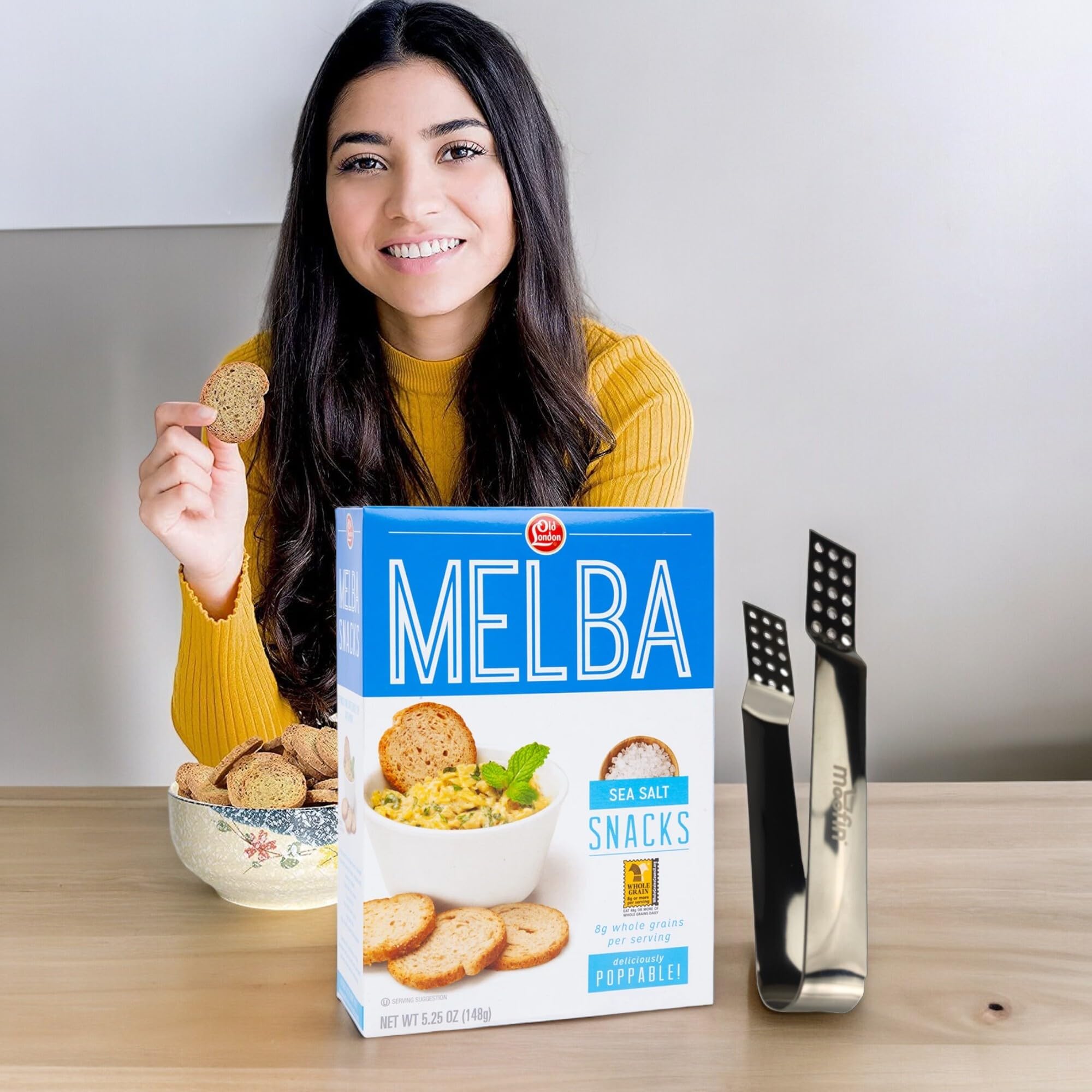 Old London Melba Snacks - Whole Wheat Sea Salt Crackers, 5.25 Oz (Pack of 4) | Crispy & Healthy No Artificial Flavors | Perfect for Tea Time, Snacking, Lunch Boxes & Party Platters | Bundle Includes Moofin Silver Stainless Steel Tea Bag Squeezer
