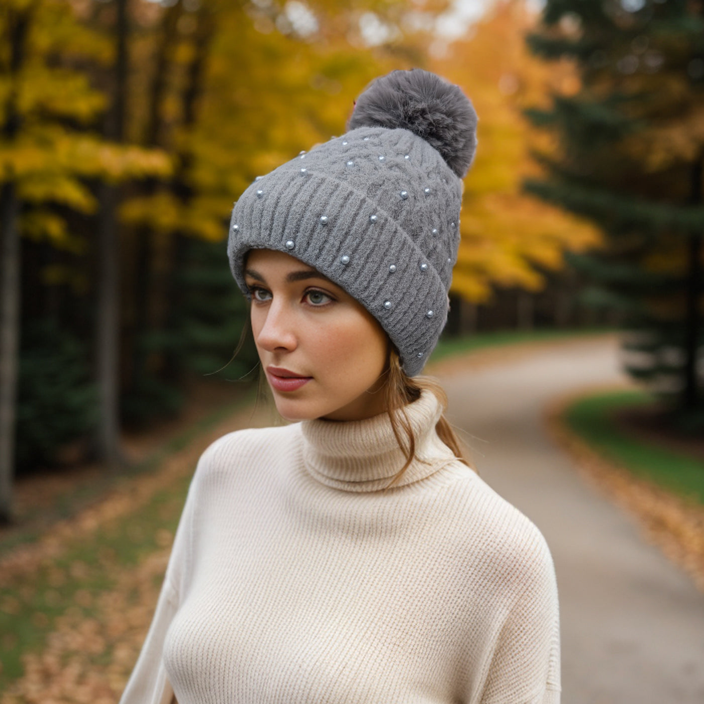 Silver Grey Pearl Faux Fur Pom Pom Winter Hat for Women - Cozy Knit Beanie with Faux Fur Ball for Cold Weather & Outdoor Activities