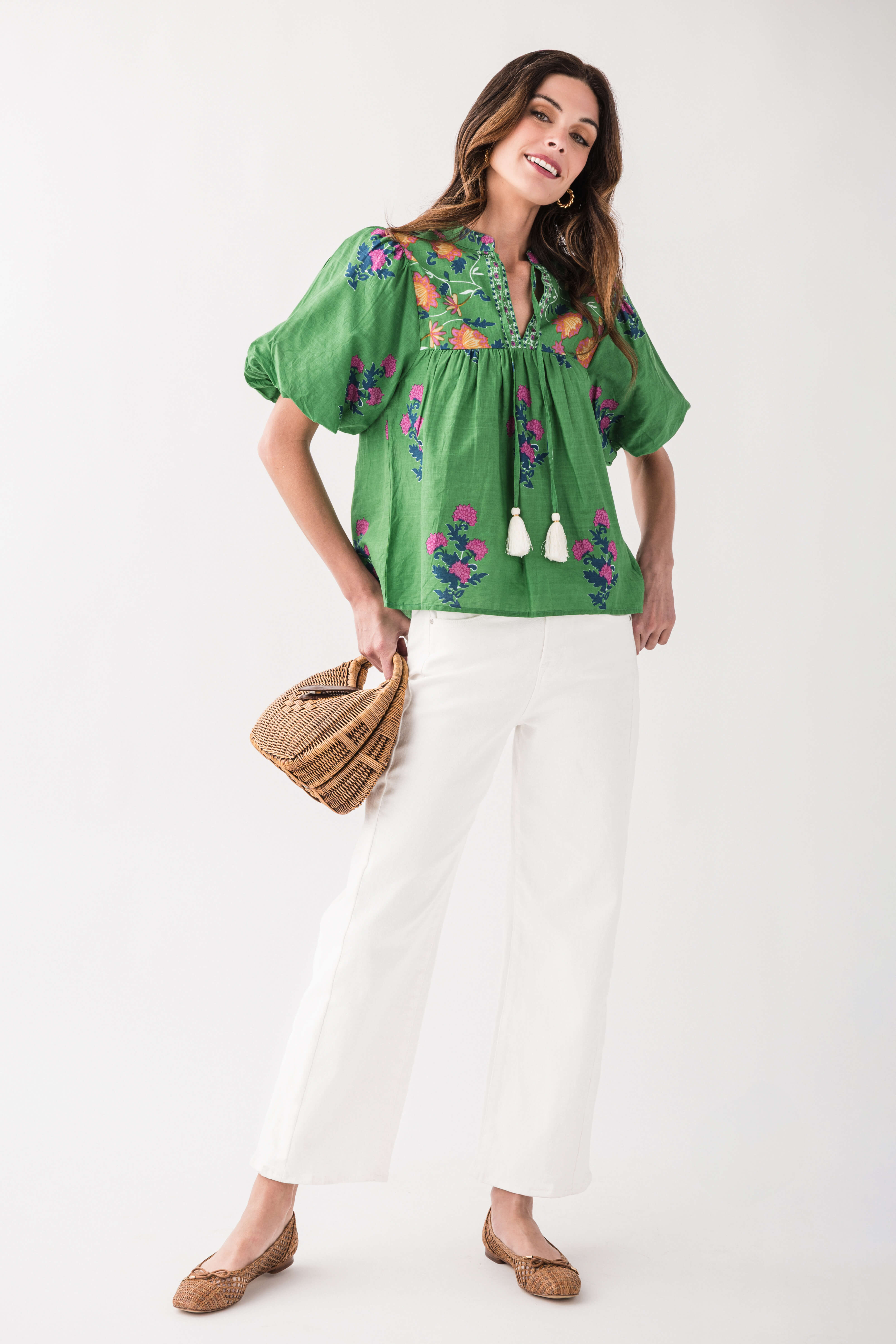 THML Women's Puff Sleeve Tassel Tie Floral Blouse - Elegant Boho Chic Top for Date Night & Summer Outings