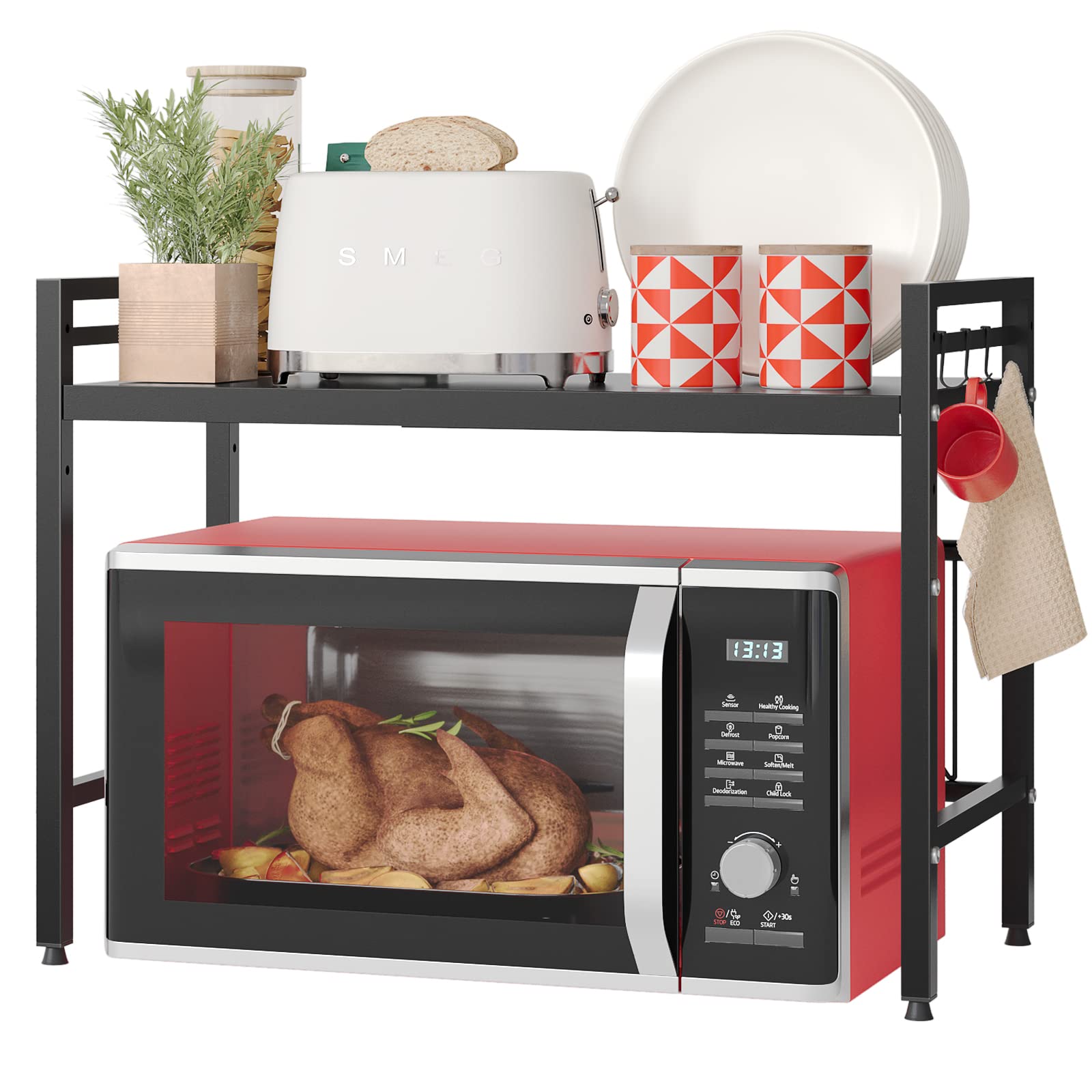 Expandable 2-Tier Microwave Stand with 8 Hooks - Sturdy Metal Kitchen Countertop Organizer Shelf for Microwave, Spices & Utensils - 55lbs Weight Capacity - Perfect for Small Kitchens, Apartments & Dorm Rooms