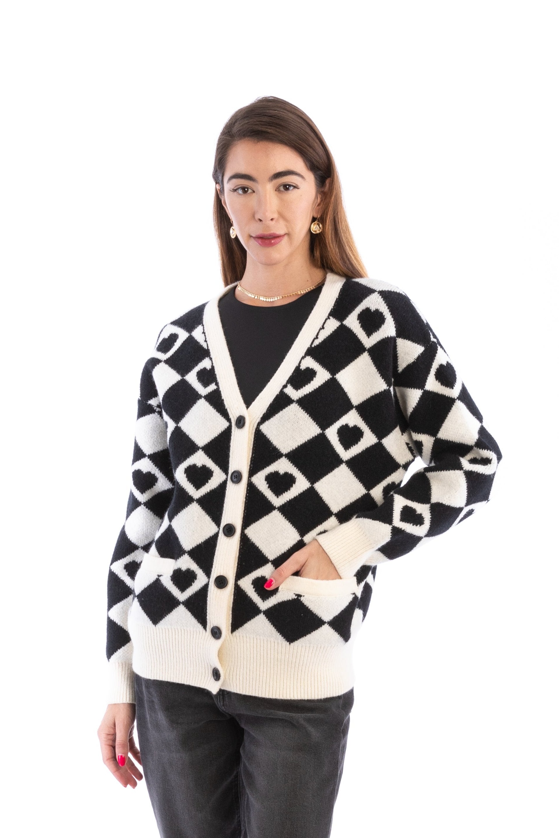 Checkered Hearts Cardigan for Women - Cozy Knit Sweater with Heart Pattern - Perfect for Valentine's Day, Date Night & Casual Outfits