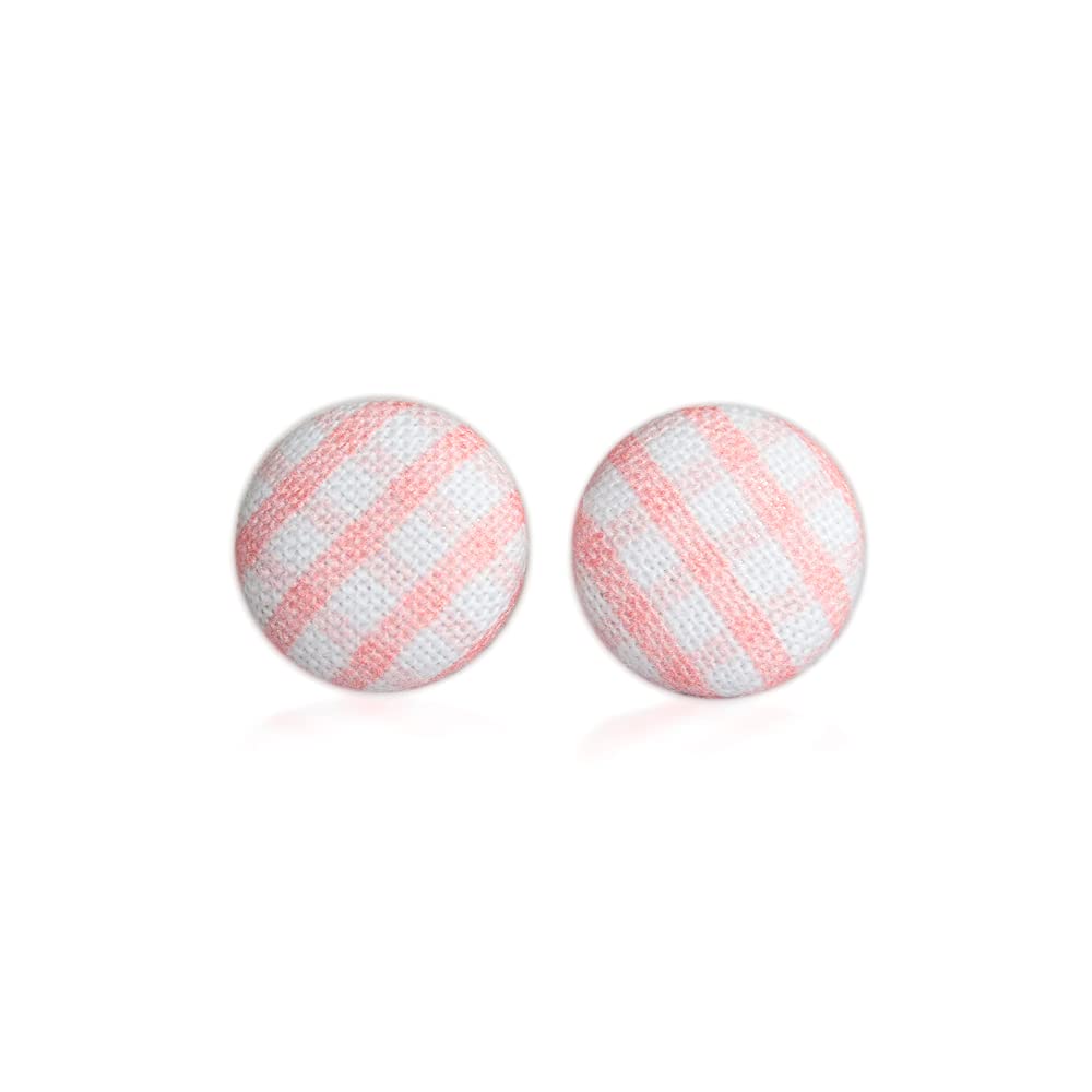 Pink Gingham Fabric Button Earrings for Women - Cute Floral Pattern Dangle Earrings - Perfect for Summer Outfits, Weddings & Boho Fashion Accessories