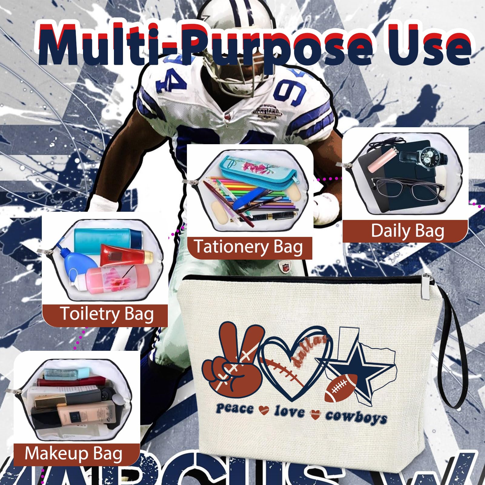 **Football Gifts for Fans - Peace Love Makeup Bag, Canvas Cosmetic Organizer with Zipper Pouch - Perfect for Game Day, Travel & Sports Enthusiasts**