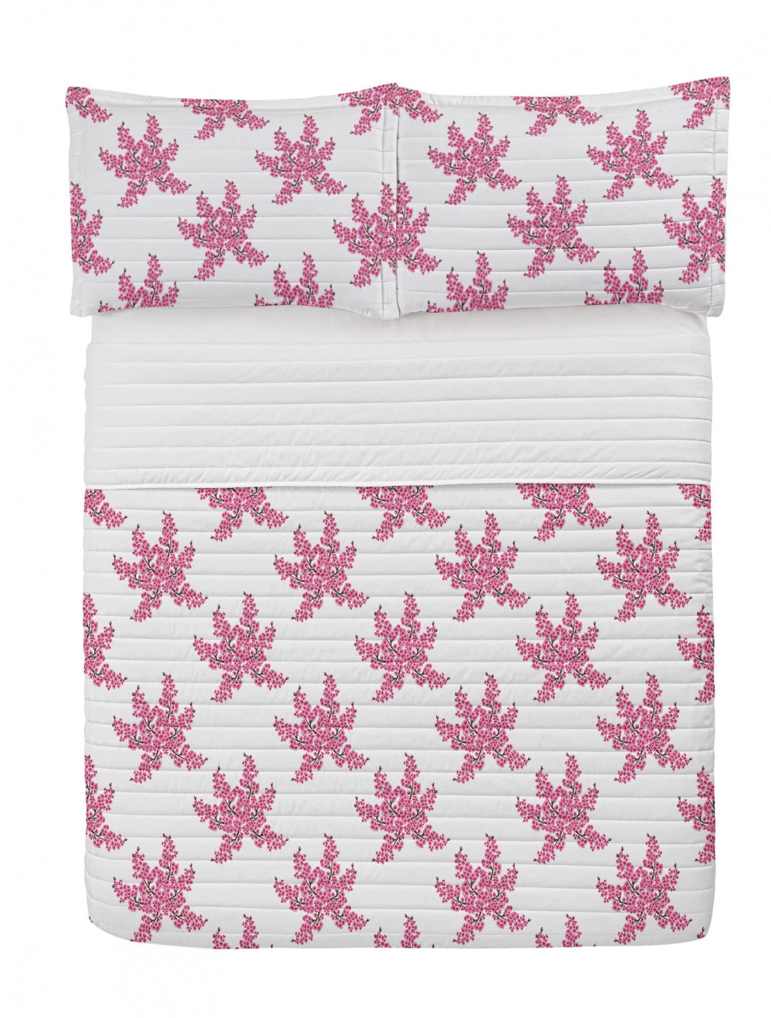 Ambesonne Floral Microfiber Bedspread Set - Japanese Sakura Cherry Blossom Design with Pillow Shams & Comforter, King Size in Pink Taupe White | Soft Spring Bedding for Master Bedroom, Guest Room Decor