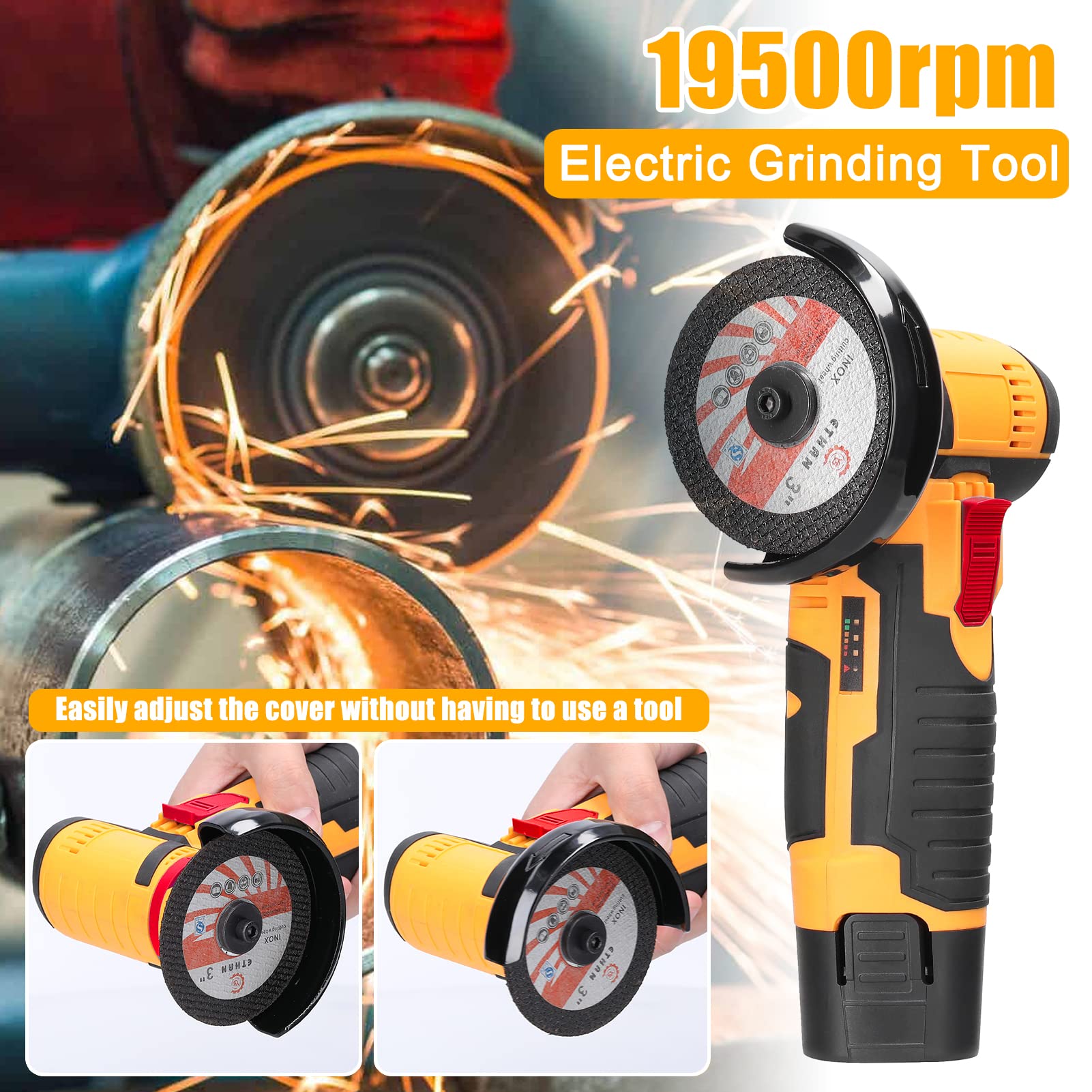 **Geevorks 19500RPM Electric Angle Grinder - Mini Handheld Cutting & Polishing Tool for Tile, Wood, Stone, Steel - Includes 2 Cutting Discs & 2PCS 1200mAh Batteries (Yellow) - Perfect for DIY, Construction, and Metalworking Projects**
