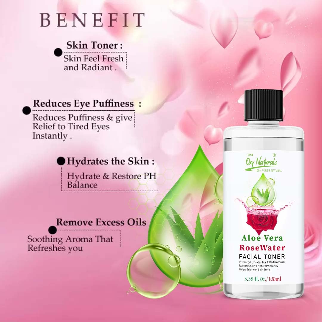 Organic Aloe Vera Gel & Rose Water Facial Toner 100ml - Hydrating, Cooling Face Mist with Natural Ingredients for Glowing Skin | Soothing Spray for Dry Skin, Sunburn Relief & Hair Care | Perfect for Daily Skincare, Travel & After-Sun Care