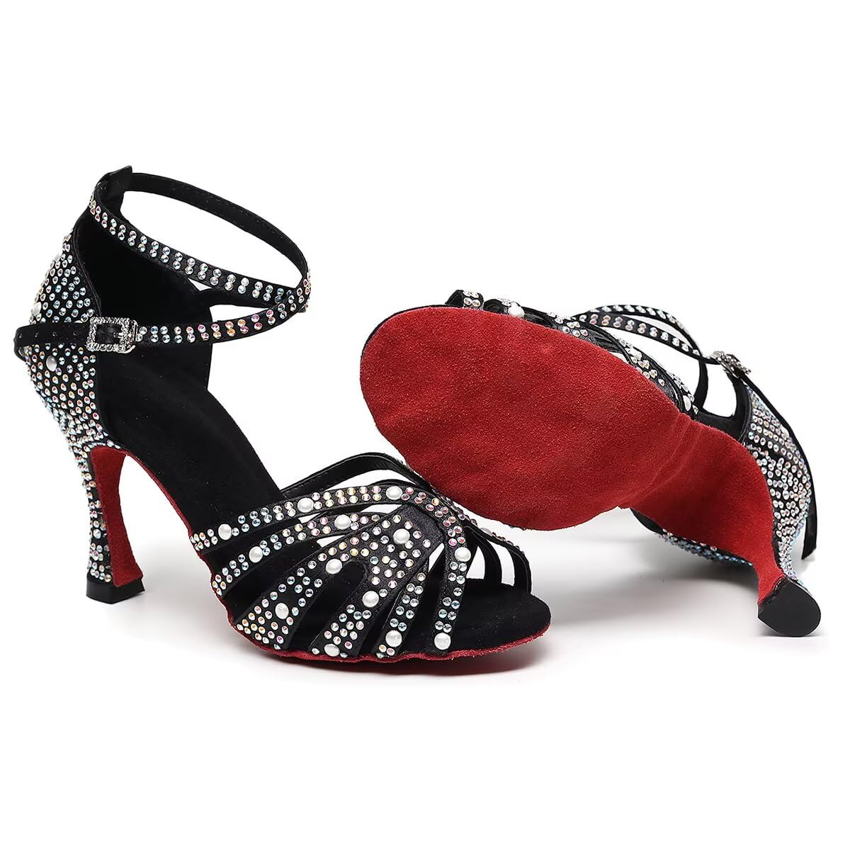 Sparkly Women's Rhinestone Salsa Dance Shoes - Comfortable Ballroom Latin Dance Shoes with Satin Finish for Bachata, Tango & Social Dancing | Perfect for Performances, Practice & Dance Classes
