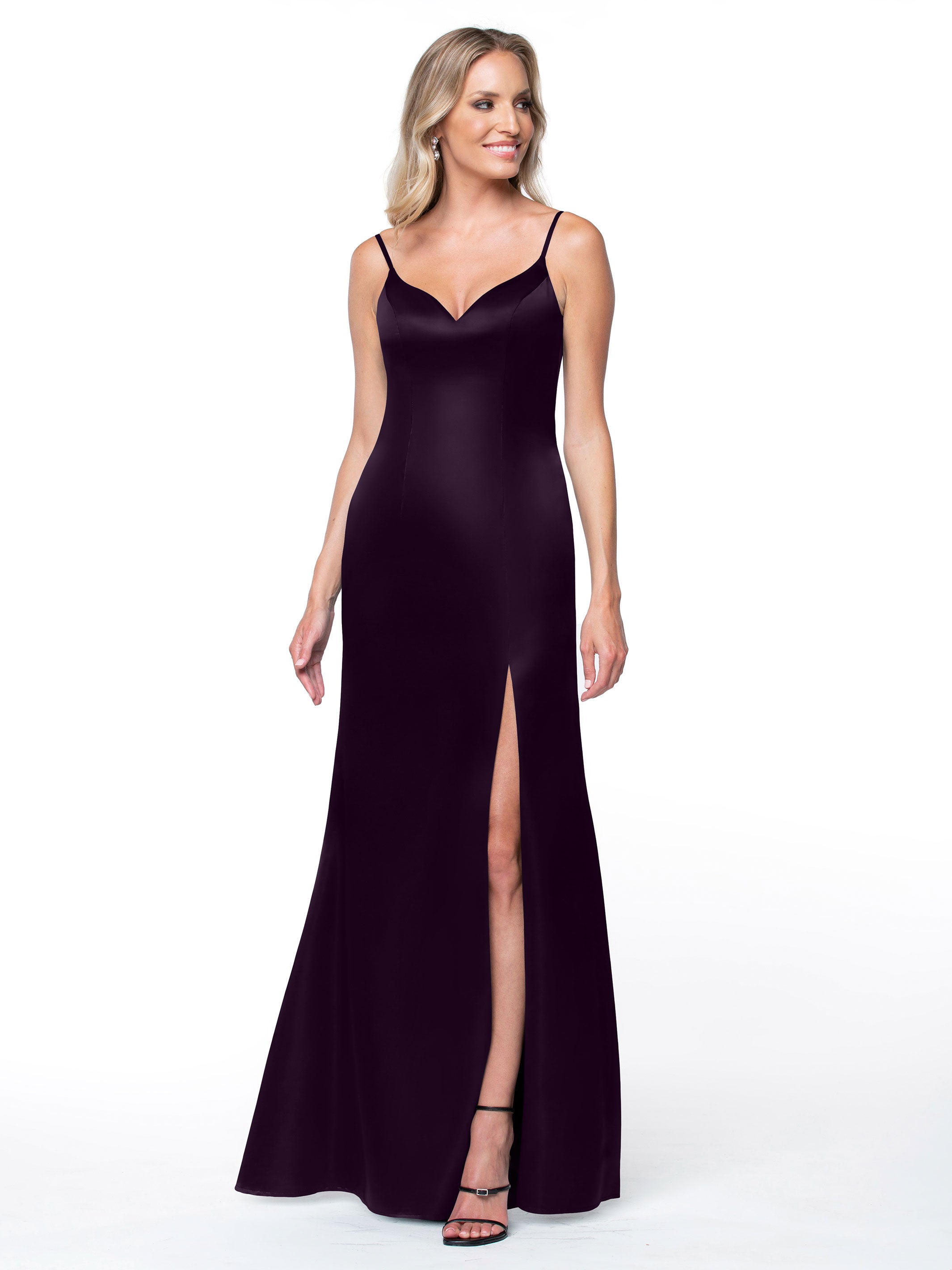 Elegant 80132 Fit and Flare Satin Bridesmaid Dress with High Slit - Perfect for Weddings, Prom, and Formal Events