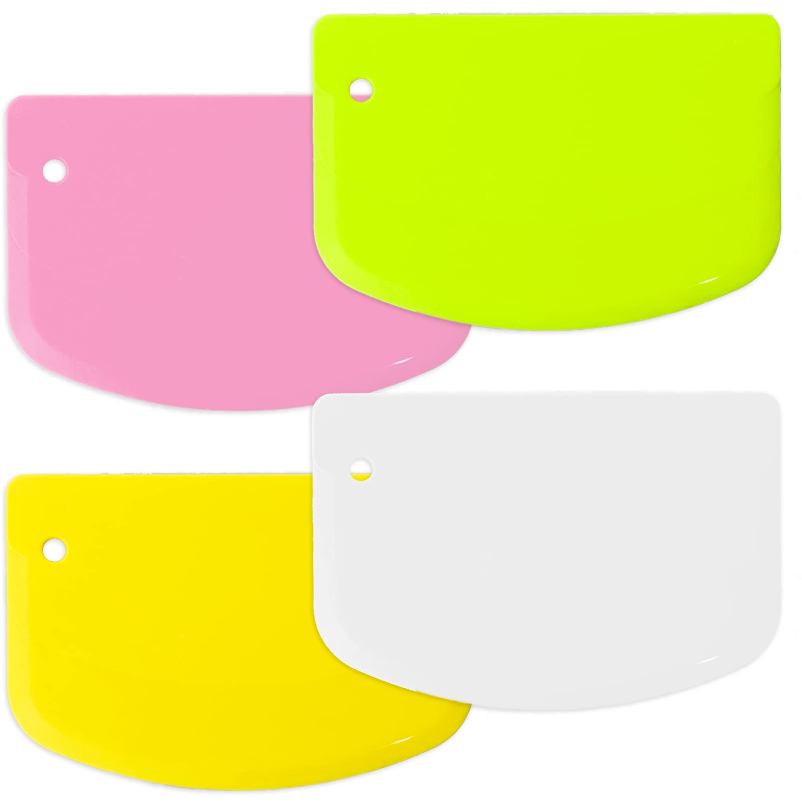 4Pcs 4.7x3.7inch Plastic Dough Scraper Set - Multi-Purpose Kitchen Tool for Baking, Pastry, Cake, Bread & Pizza Dough | Includes Bowl Scraper & Food Cutter (Yellow, Green, Pink, White) | Perfect for Home Bakers & Professional Chefs