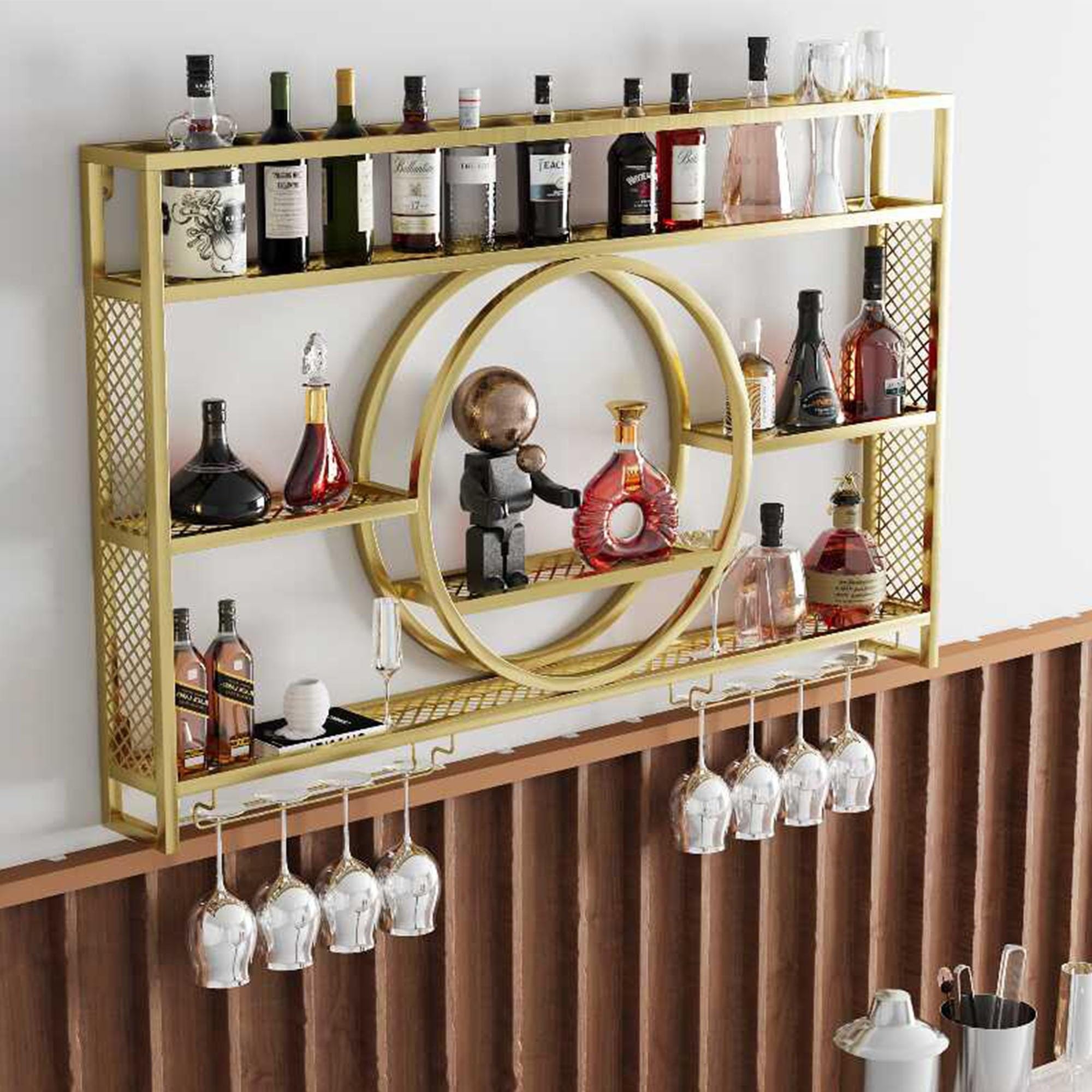 Wall Mounted Wine Rack with LED Lights - Floating Bar Shelves for Wine & Liquor Bottles Display - Space Saving Home Bar Cabinet for Kitchen, Dining Room, Living Room - Perfect for Entertaining Guests & Home Decor