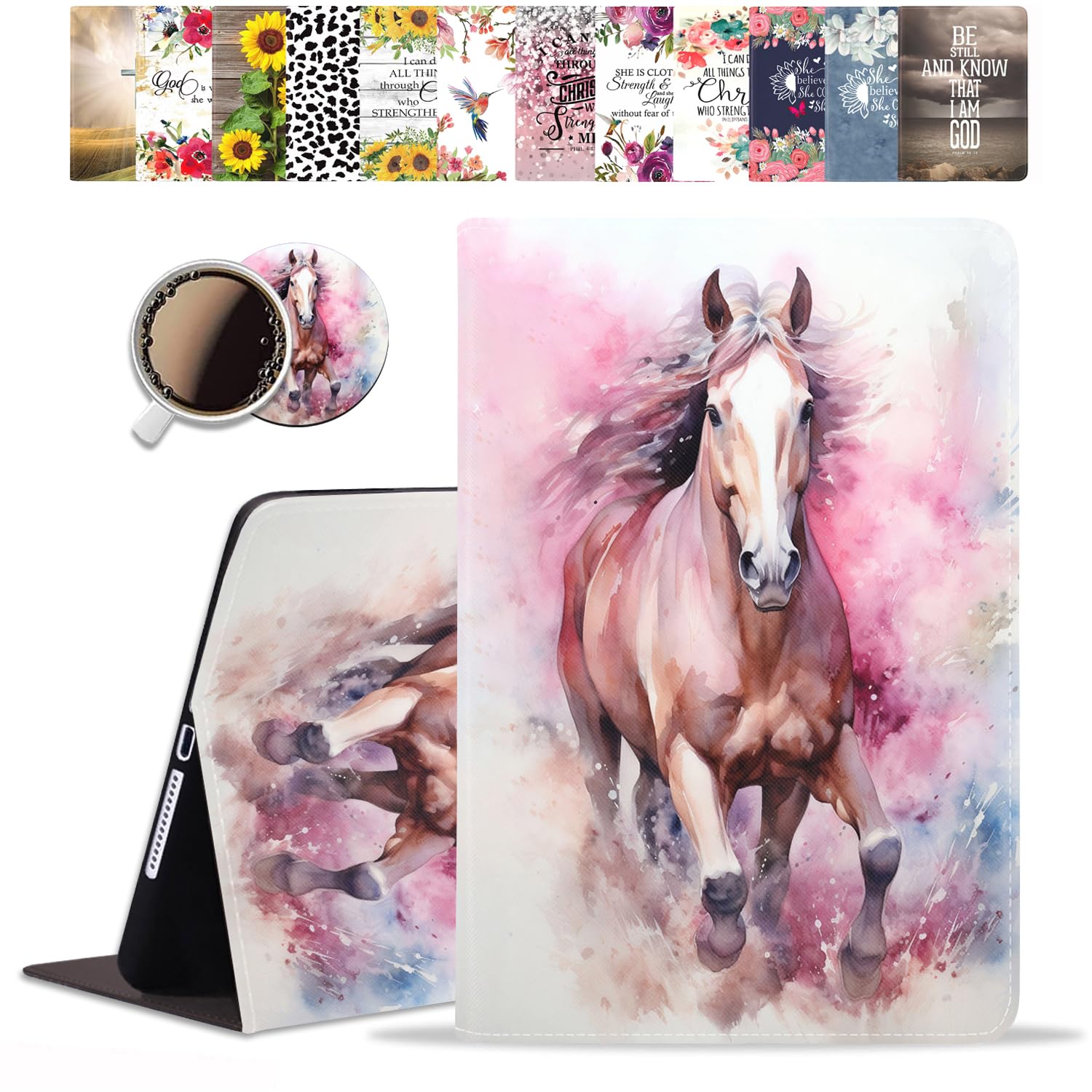 Shockproof iPad Case for iPad 10.2 (8th/7th Gen 2020/2019) & iPad Air/Pro 10.5 inch - Durable Protective Cover with Watercolor Horse Design & Coasters Set - Perfect for Home, Office, and Travel Use