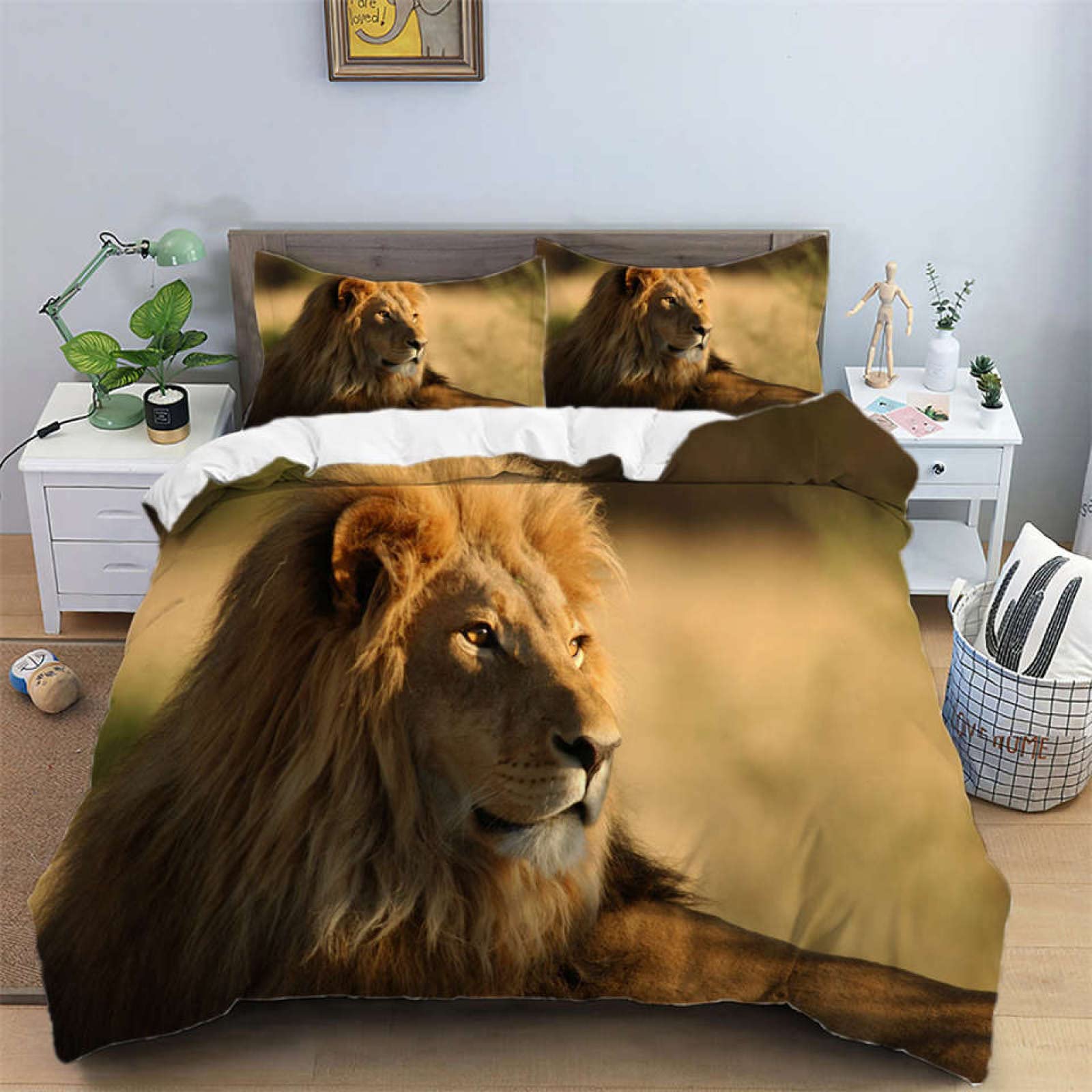 Queen Size Yellow Lion Duvet Cover Set with 2 Pillow Shams (20”×26”) - 3 Piece Soft Brushed 110g/㎡ Microfiber Comforter Cover with Zipper Closure for Men & Women - Perfect for Bedroom Decor, Guest Rooms & Cozy Sleep