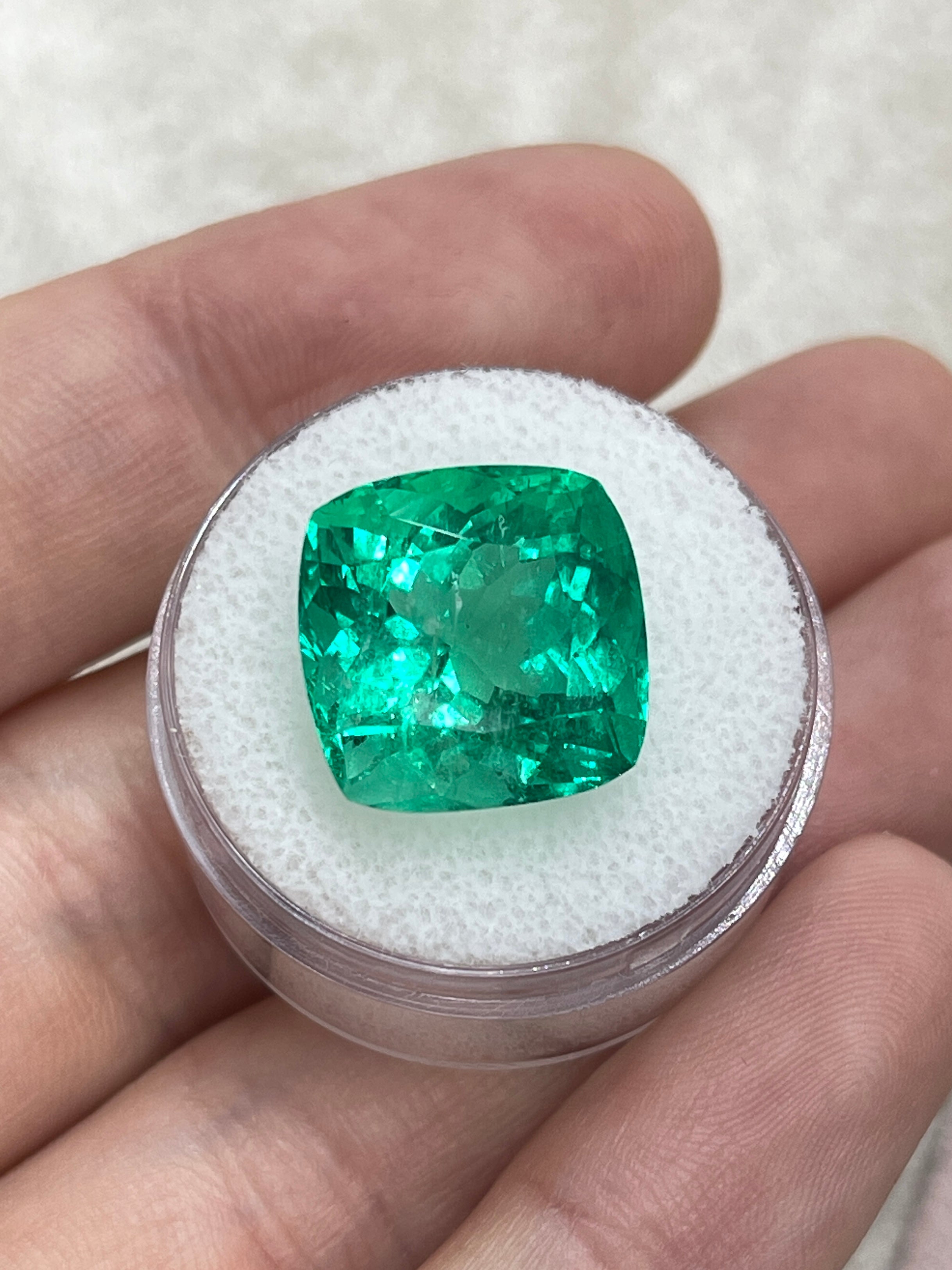 13.88 Carat 14x14mm Bluish Green Cushion Cut Loose Colombian Emerald - Ethically Mined Natural Gemstone for Jewelry Making, Engagement Rings & Luxury Gifts