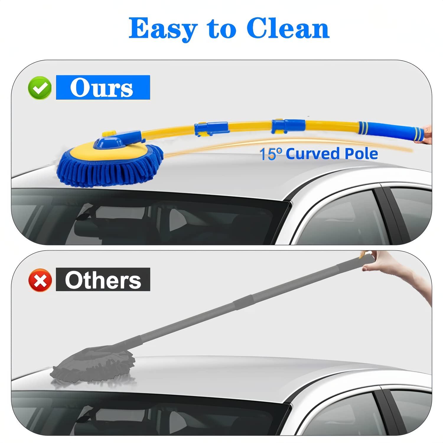Premium Long Handle Car Wash Brush with Chenille Microfiber - Scratch-Free Cleaning Brush Kit with Replaceable Head (Blue) - Perfect for Car Detailing, RV, Boat & Truck Washing Accessories
