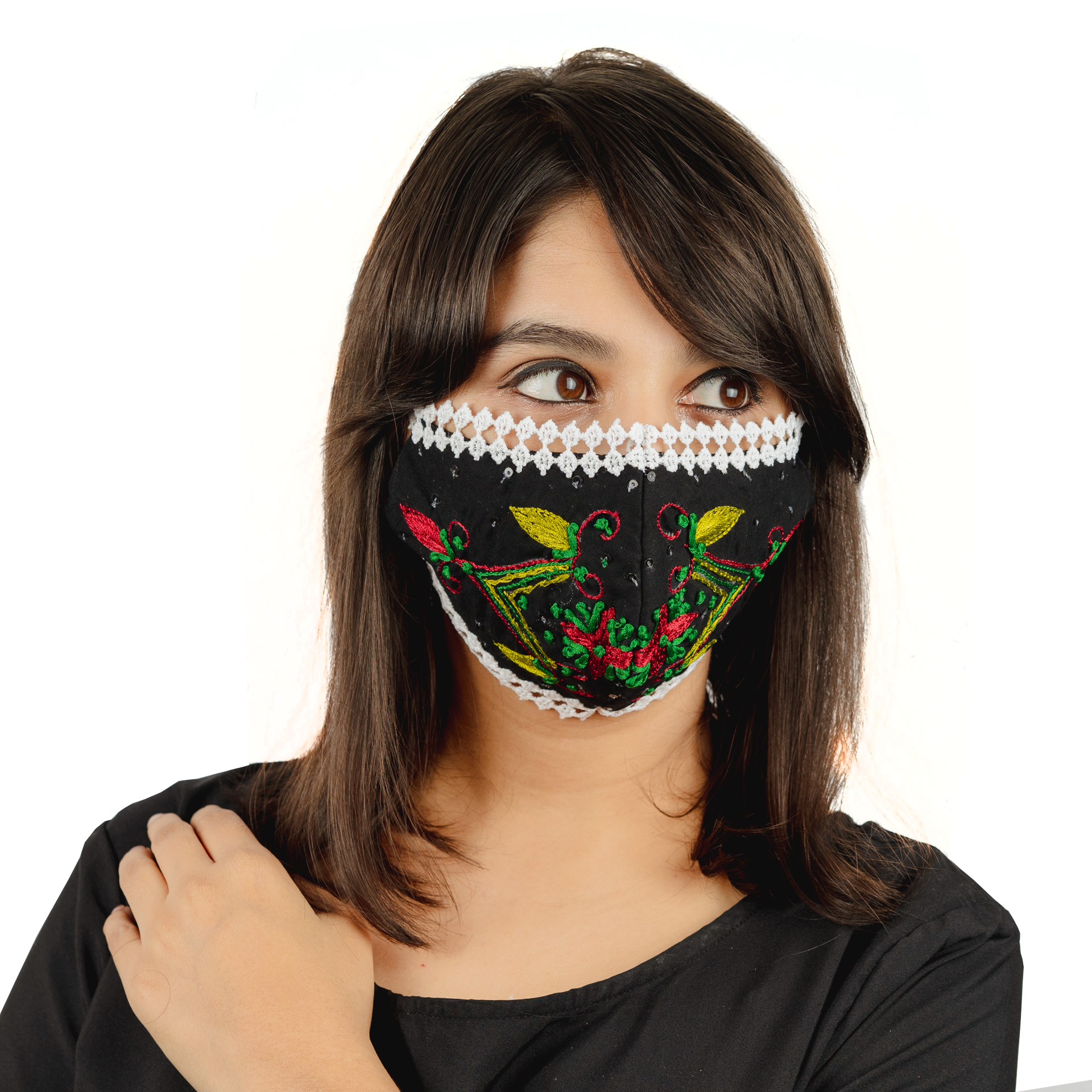 Black Cotton Lace Face Mask with Floral Embroidery - Breathable & Stylish for Women - Perfect for Daily Wear, Parties & Special Occasions
