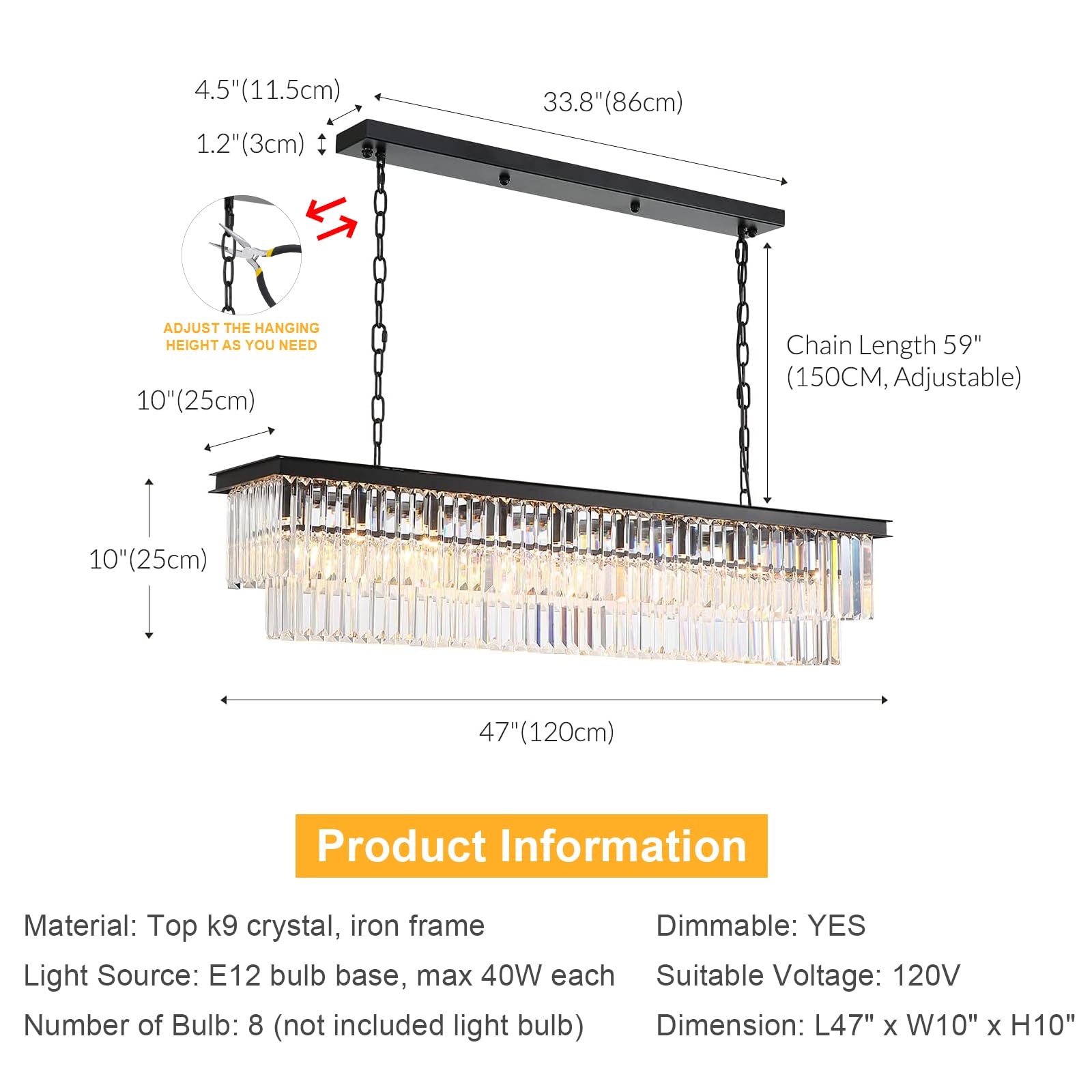 NOXARTE Modern Rectangular Crystal Chandelier - 8-Light Black Pendant Fixture for Dining Room, Kitchen Island, Bar & Living Room (47 Inch) - Elegant Lighting for Home Decor & Interior Design