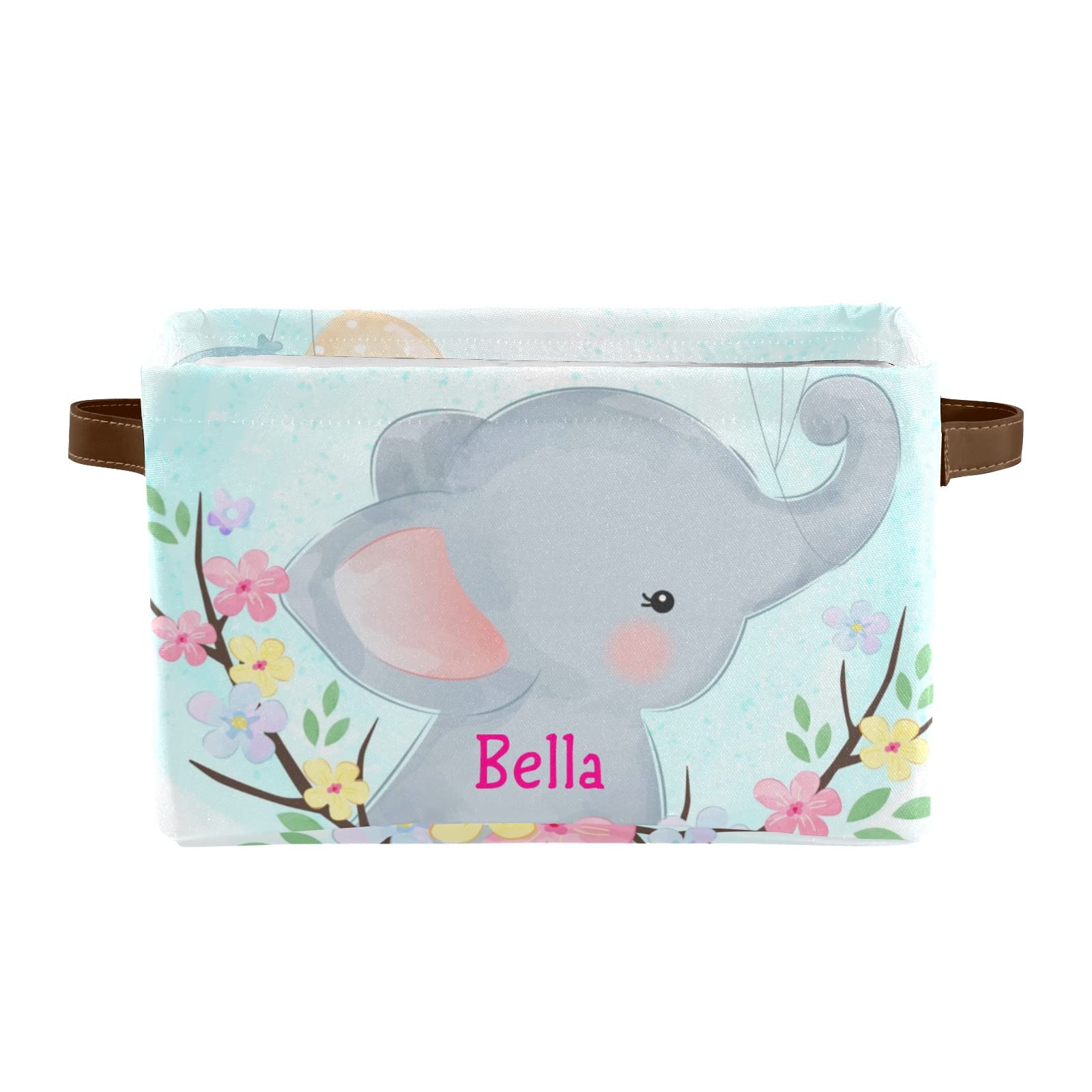 Personalized Baby Elephant Flower Storage Basket with Name - 4 Pack Rectangular Home & Kitchen Storage Bin for Nursery, Baby Shower Gift, and Organizing Toys, Blankets, or Laundry