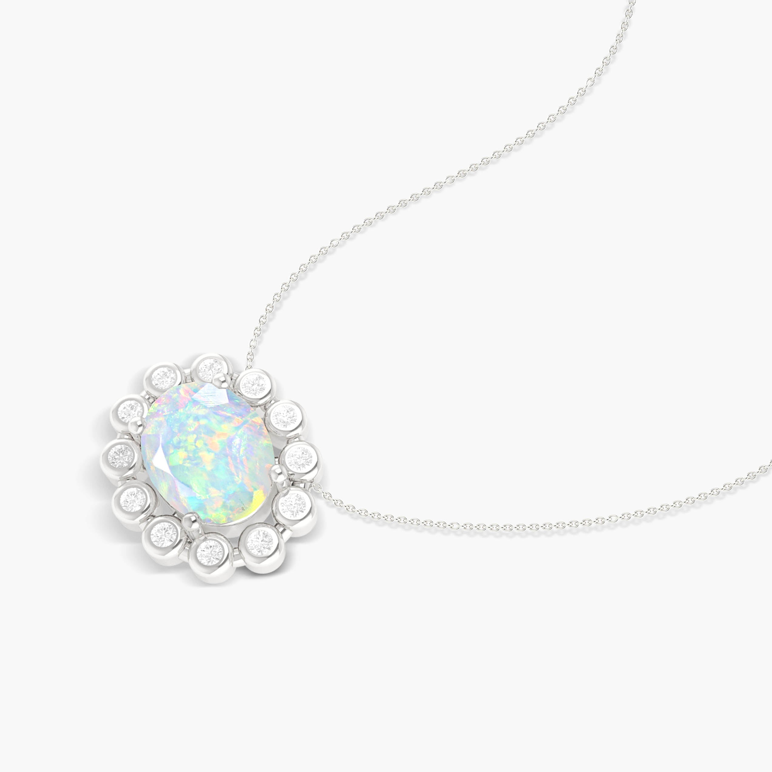 Natural White Opal & Zircon Halo Chain Pendant Necklace for Women - Elegant Jewelry Gift for Birthday, Anniversary & Special Occasions