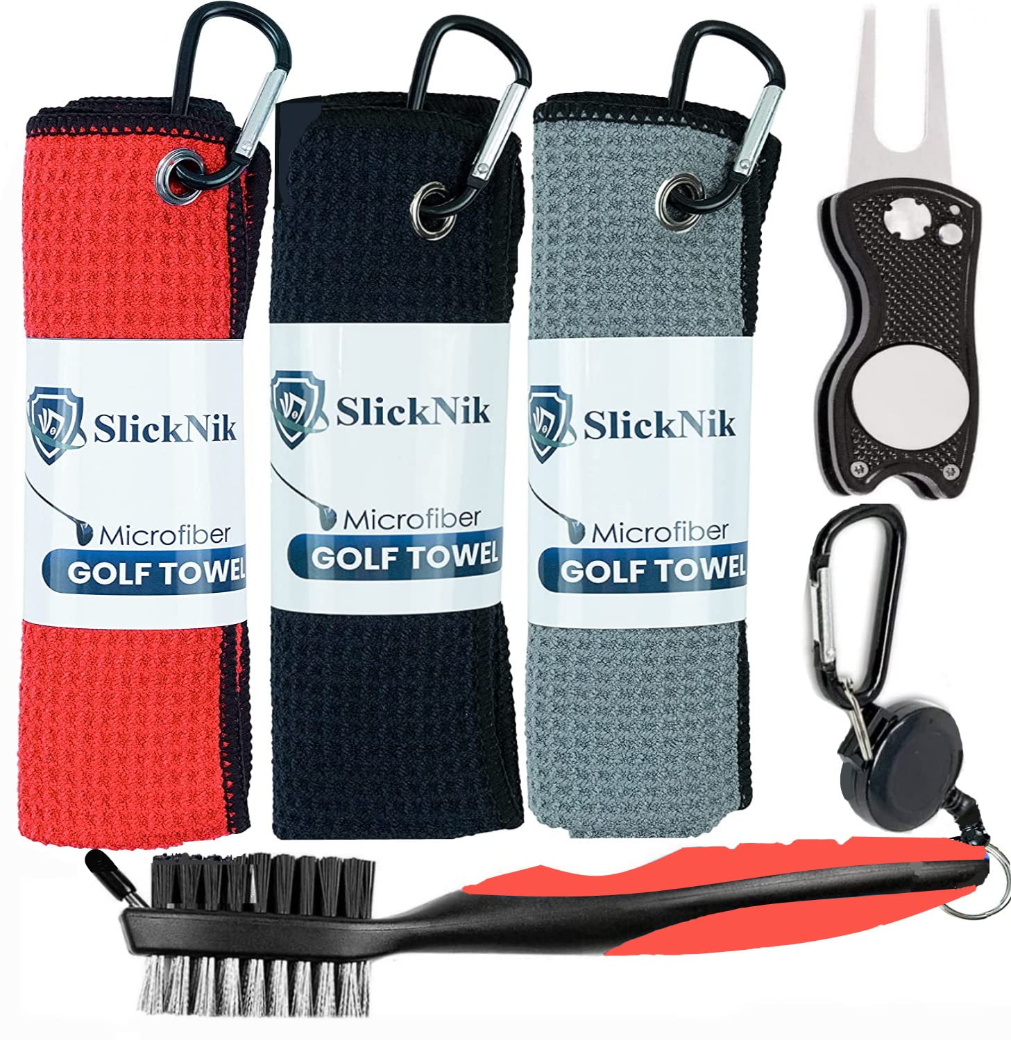 Premium Golf Towel Pack - 3 Pack Super Absorbent Microfiber Waffle Pattern Golf Towels with Club Brush, Groove Cleaner & Divot Tool | Perfect for Golf Course, Driving Range & Club Cleaning
