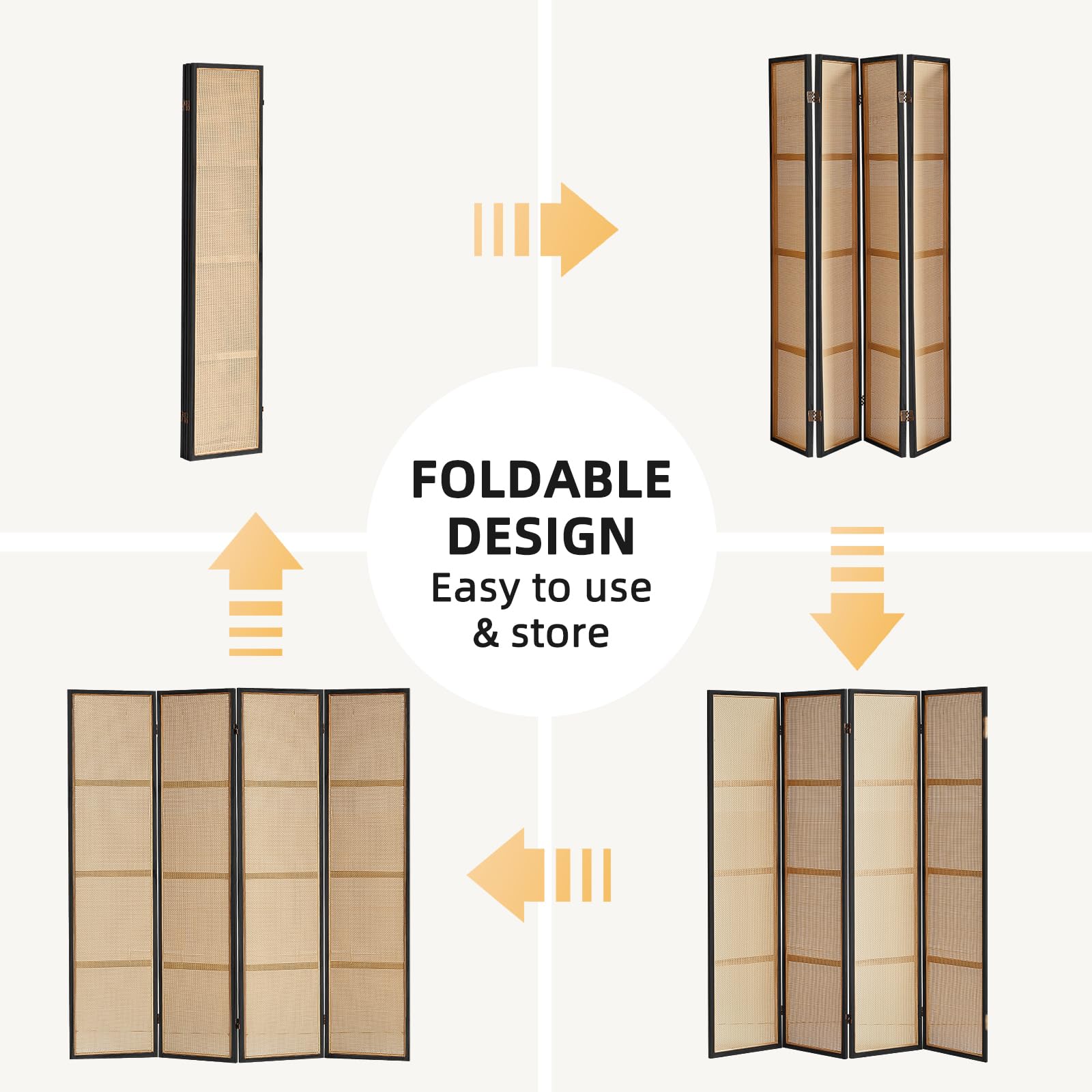 4 Panel Wood Room Divider - 5.6FT Foldable Privacy Screen with Hand-Woven Rattan Design - Freestanding Partition for Home Office, Bedroom, Restaurant & Indoor Decor (Black) - Perfect for Creating Private Spaces & Room Dividers