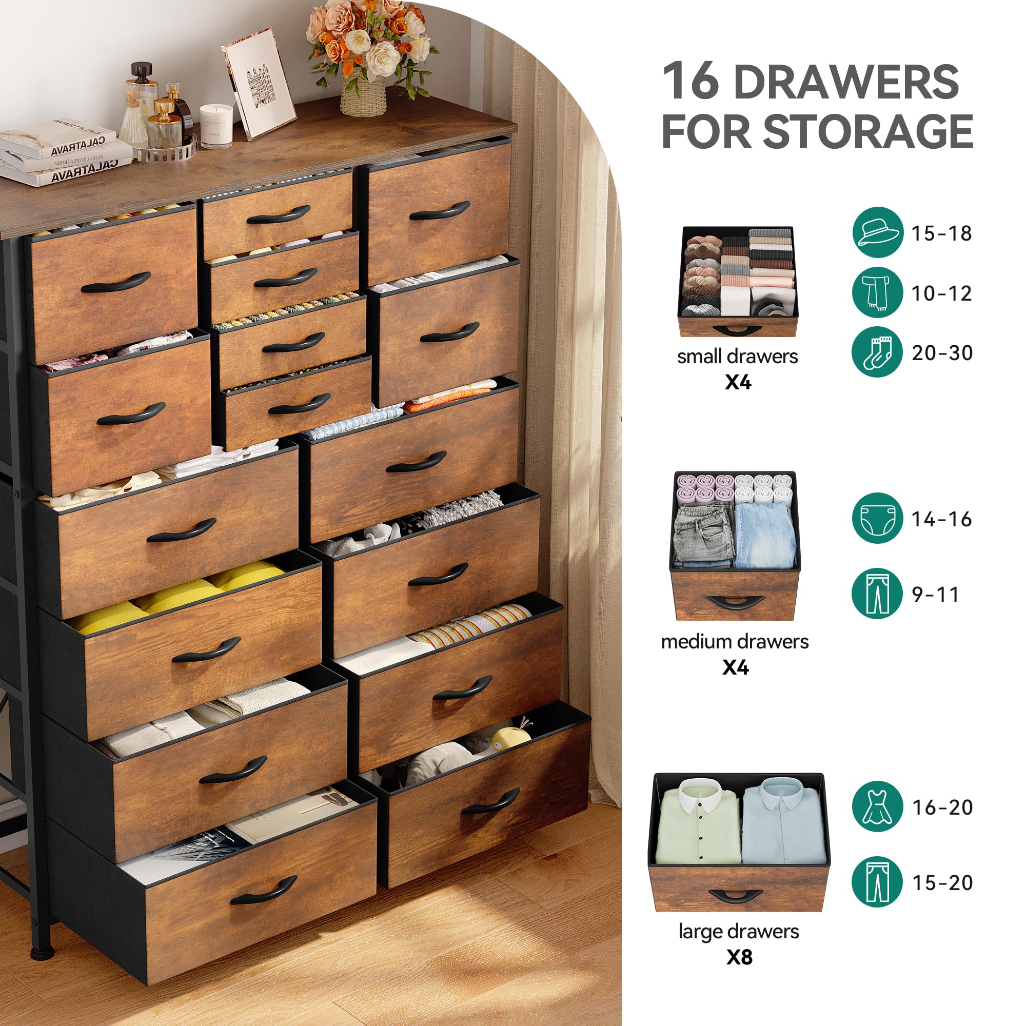 YITAHOME 16-Drawer Fabric Dresser with Sturdy Metal Frame & Wooden Top - Rustic Brown Storage Organizer for Bedroom, Closet, Living Room & Entryway | Perfect for Clothes, Toys, Blankets & Home Organization