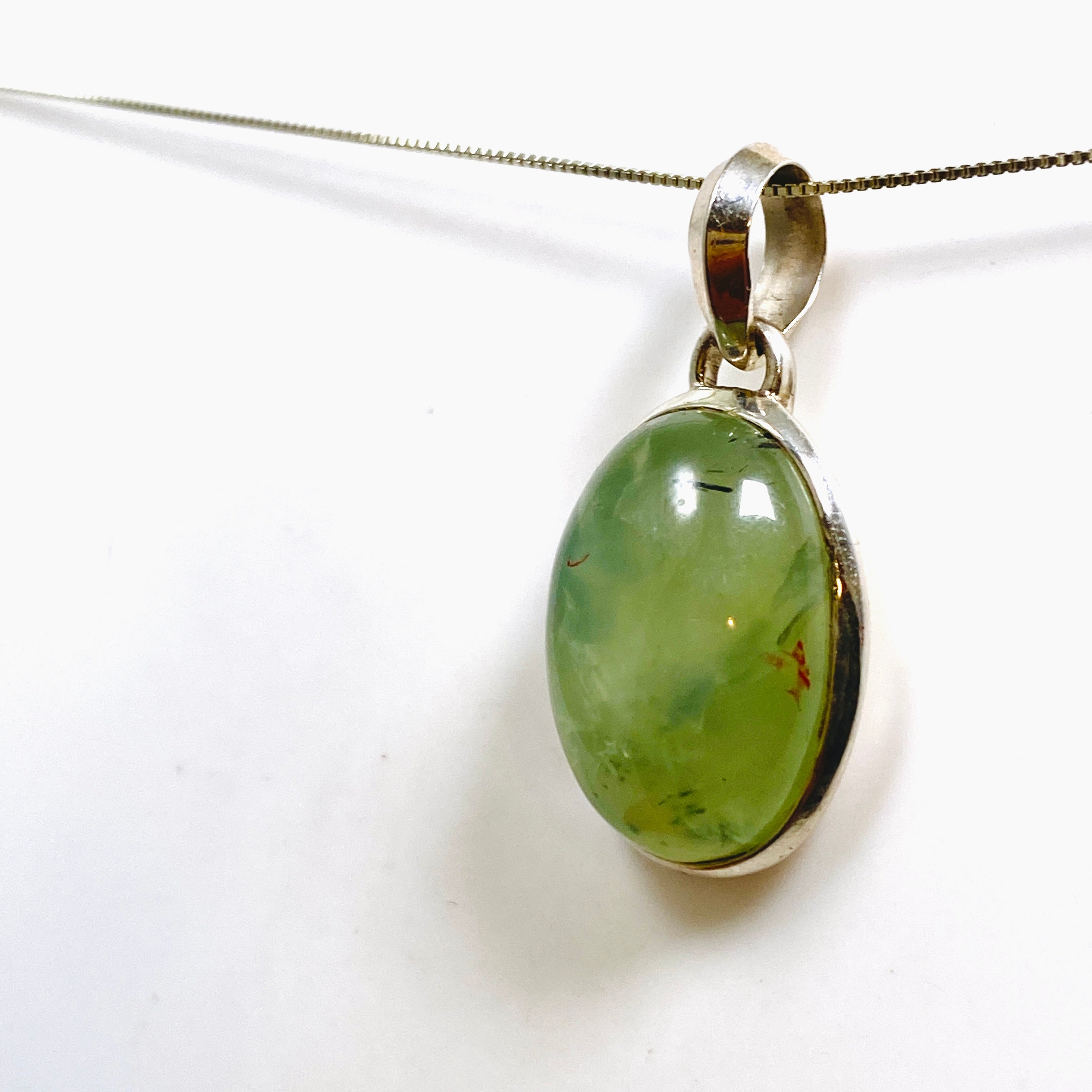 Natural Prehnite Oval Cabochon Pendant Necklace - 13mm Healing Stone Jewelry for Meditation & Spiritual Energy