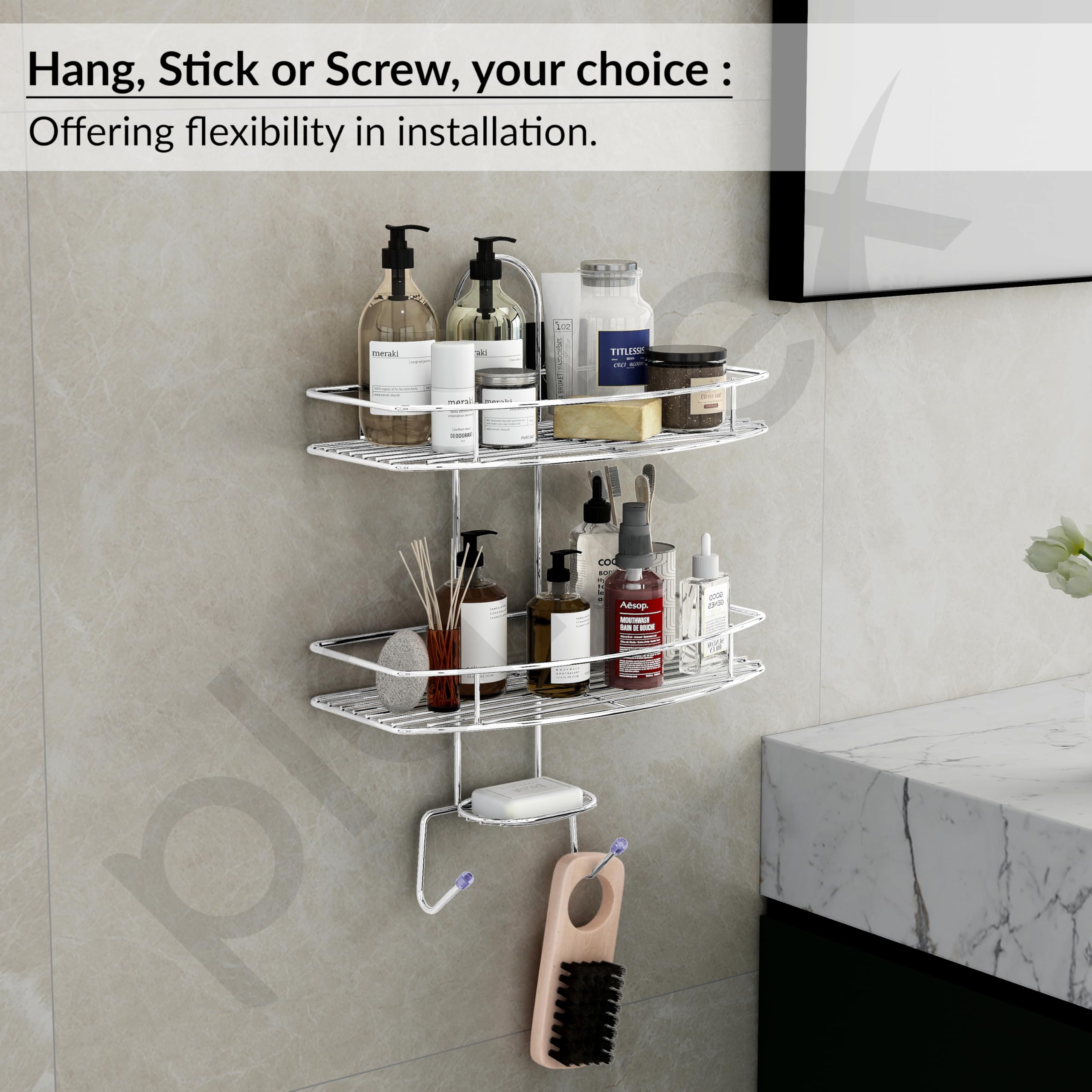 Plantex 5-in-1 Stainless Steel Shower Caddy with Soap Holder & Hooks - D-Shaped Bathroom Organizer (Large, Chrome Finish) - Perfect for Shower Storage & Bathroom Organization