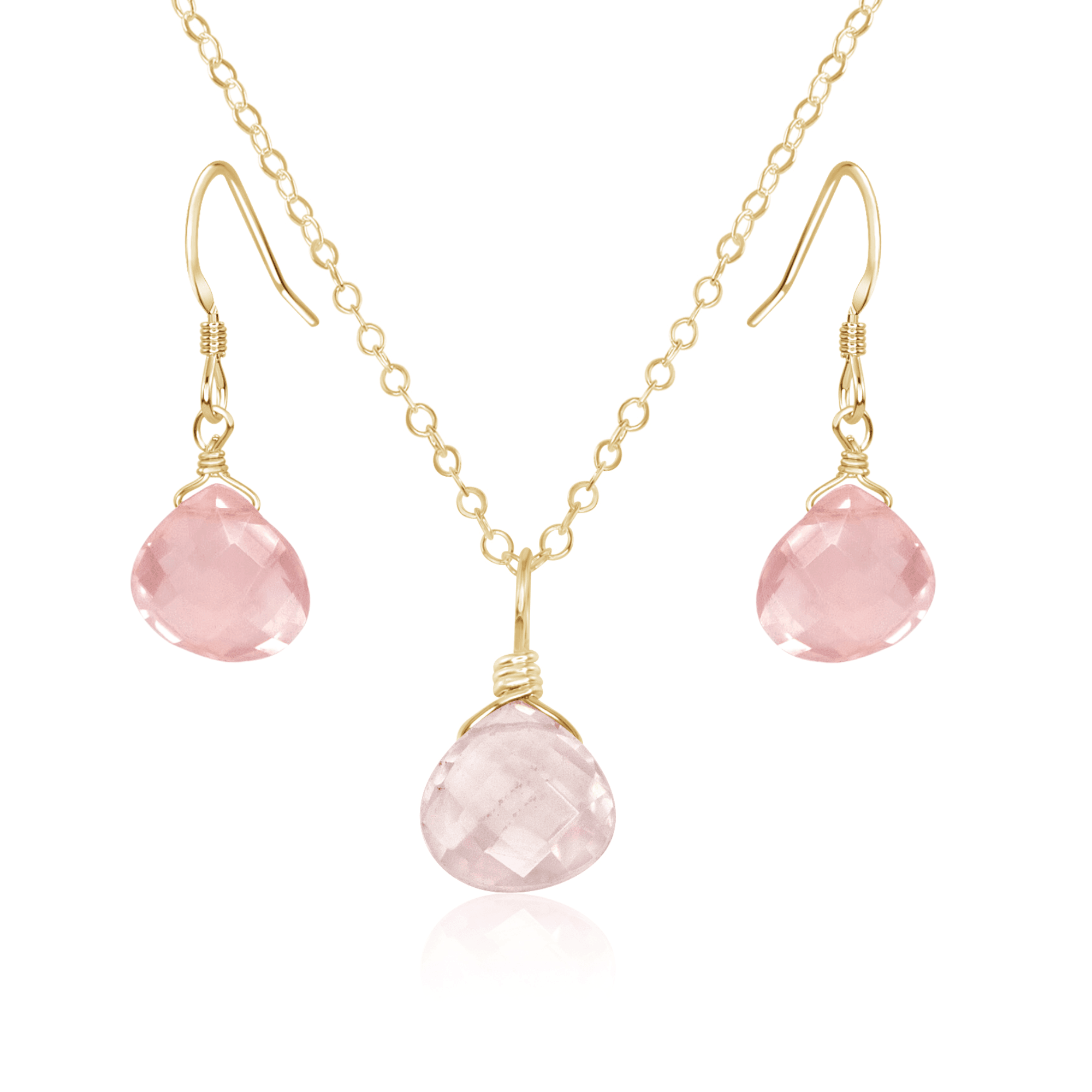 Rose Quartz Tiny Teardrop Earrings & Necklace Set - Dainty Crystal Jewelry for Women | Perfect for Valentine's Day, Anniversary Gifts & Everyday Elegance
