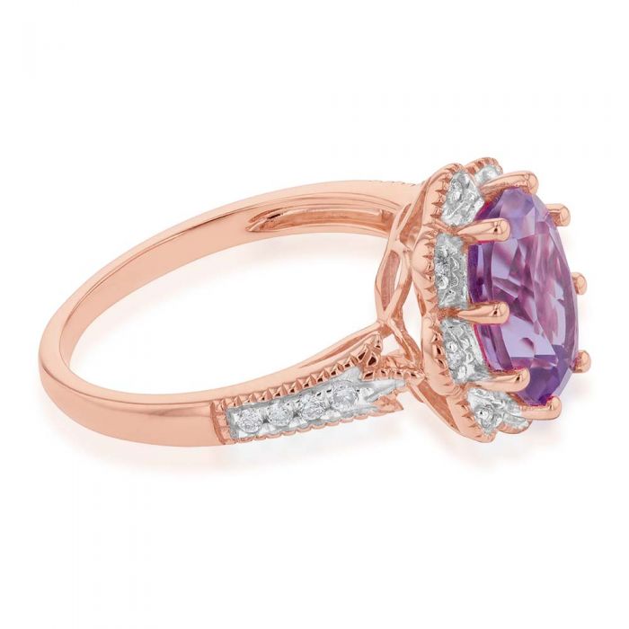 9ct Rose Gold 2.40ct Amethyst & 1/10ct Diamond Ring for Women - Elegant Purple Gemstone Jewelry for Engagement, Anniversary & Special Occasions