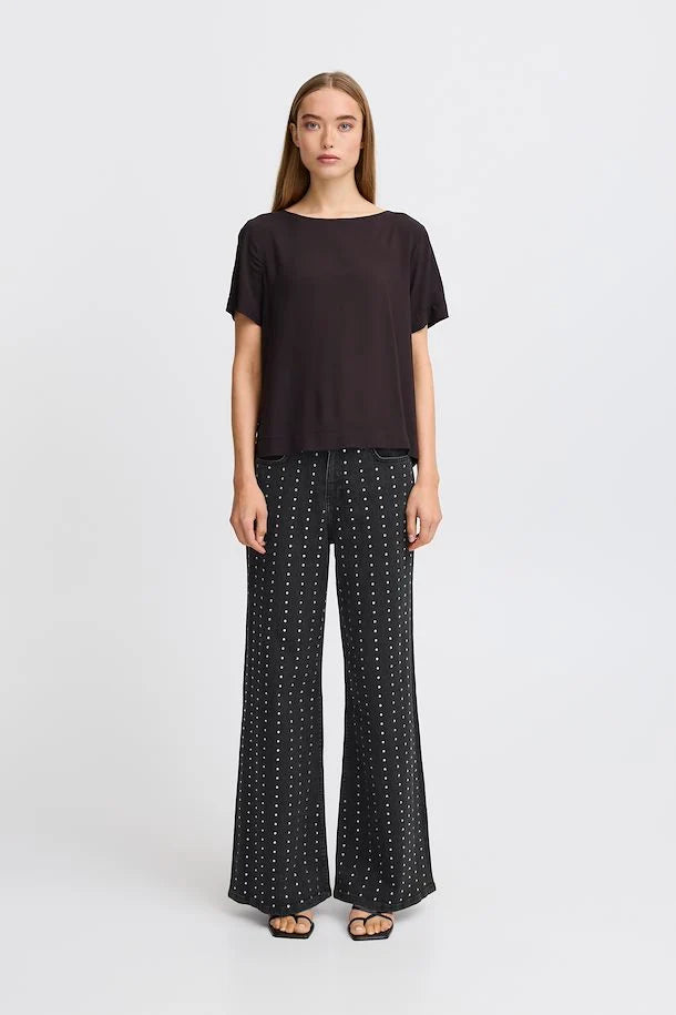 Braidy Rhinestone Wide Leg Jeans for Women - Distressed Washed Black High Waist Flare Pants - Perfect for Casual Wear, Night Out and Party Outfits