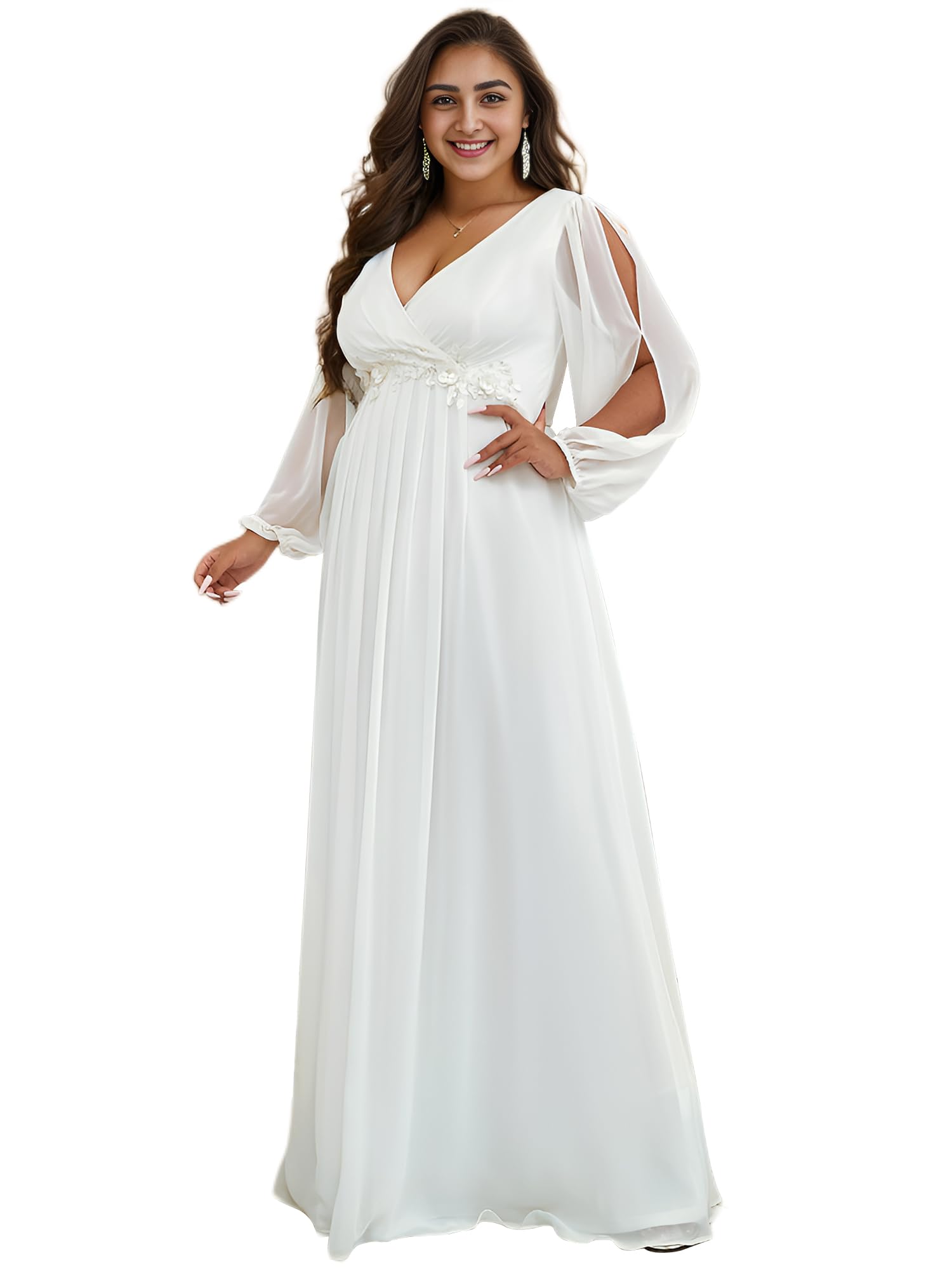 Ever-Pretty Plus Size Women's Formal Dress - V Neck Floor Length Floral Applique Lantern Sleeves Evening Gown for Curvy Women | Wedding Guest, Prom, Cocktail Party, Special Occasion