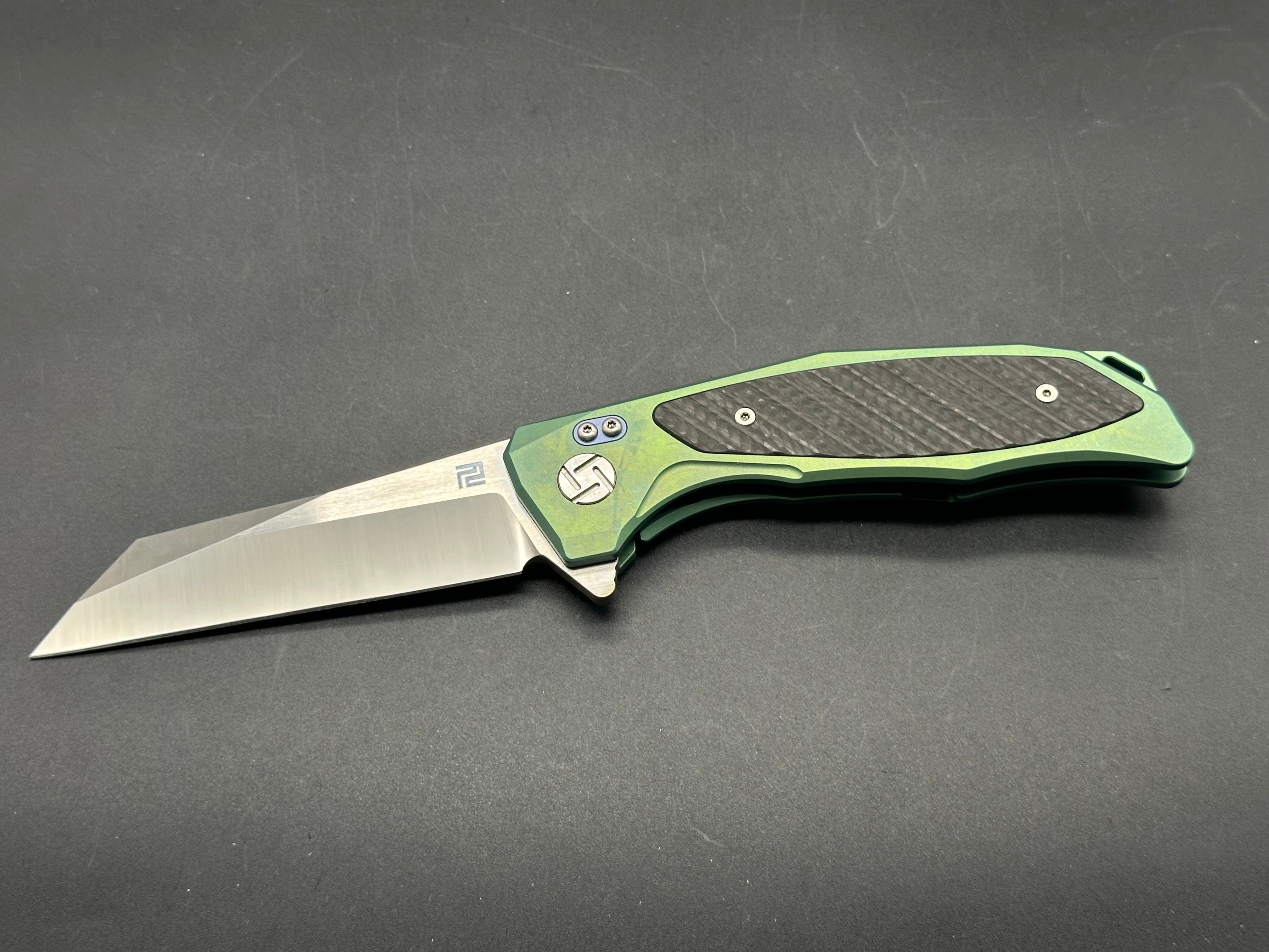 Artisan Cutlery Megahawk S35VN Wharncliffe Folding Knife - Premium Green Titanium Handles with Carbon Fiber Inlays - EDC, Outdoor, Camping & Survival Tool