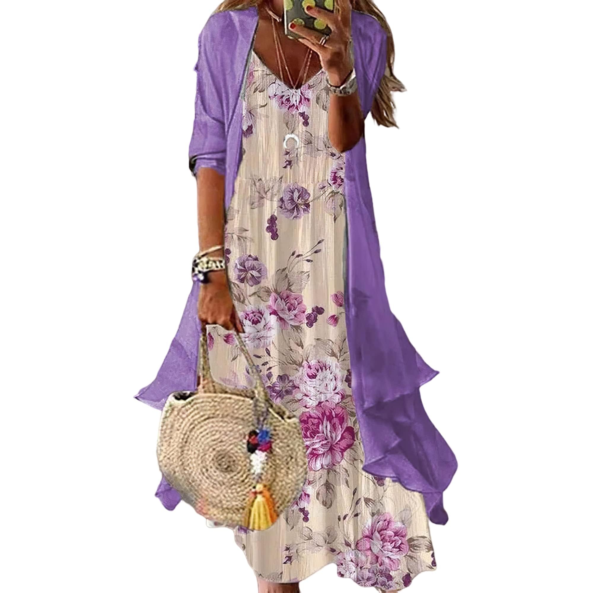 LOAIHA Women's Casual Floral Print Two-Piece Dress Set with Cardigan - Irregular Hem Flowy Chiffon Outfit for Wedding Guest, Brunch, Date Night & Summer Vacation