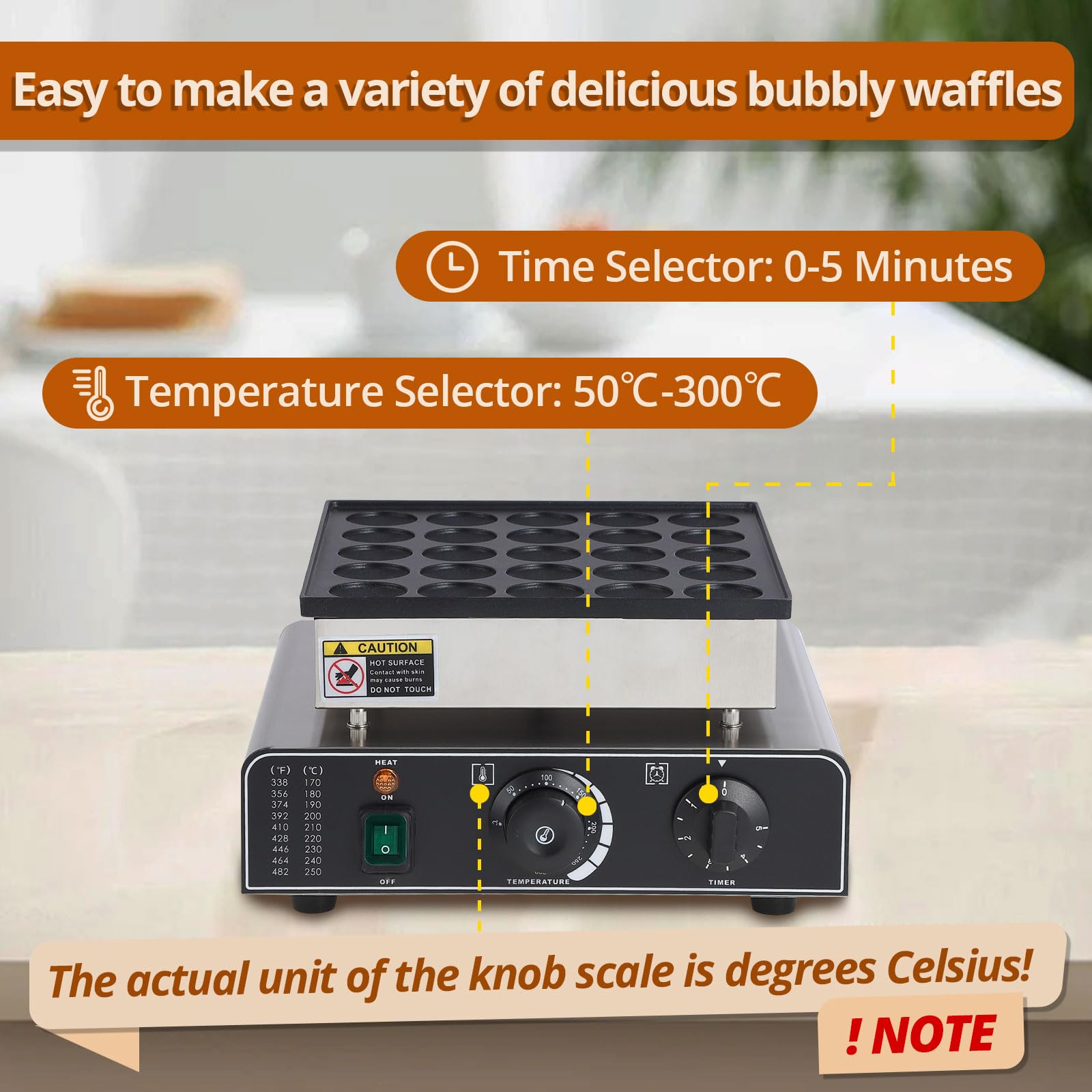 25 Hole & 25 Heart Waffle Maker - Commercial Electric Nonstick Mini Muffin Maker with 50-300°C Temperature Control - 1.8