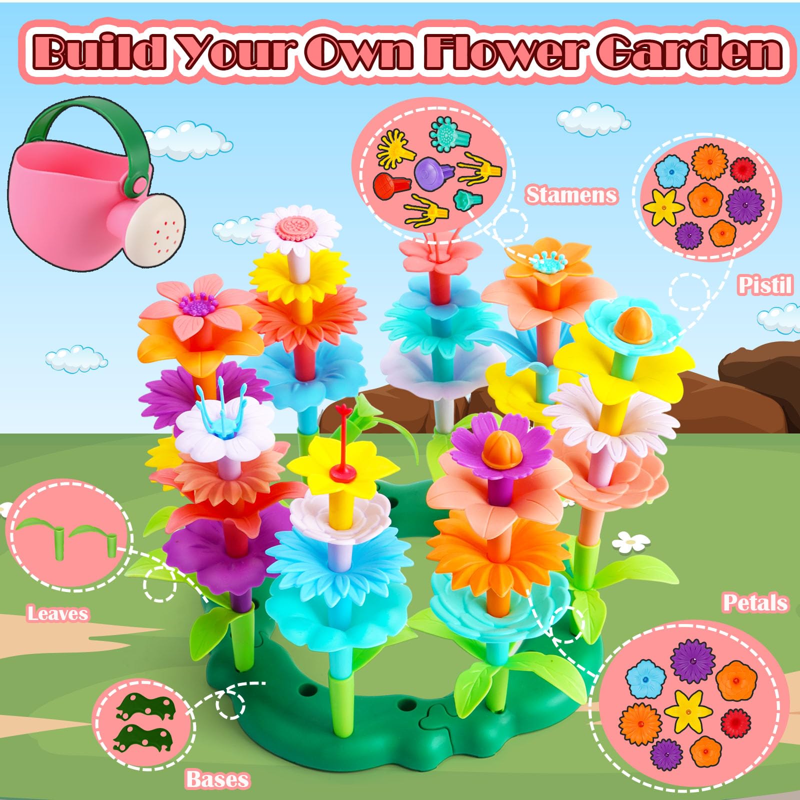 FUNZBO Flower Garden Building Toys Set - STEM Montessori Educational Sorting & Stacking Toy for Toddlers Age 2-6, Perfect Easter & Birthday Gift for Girls | Creative Spring Gardening Play for Preschool Learning