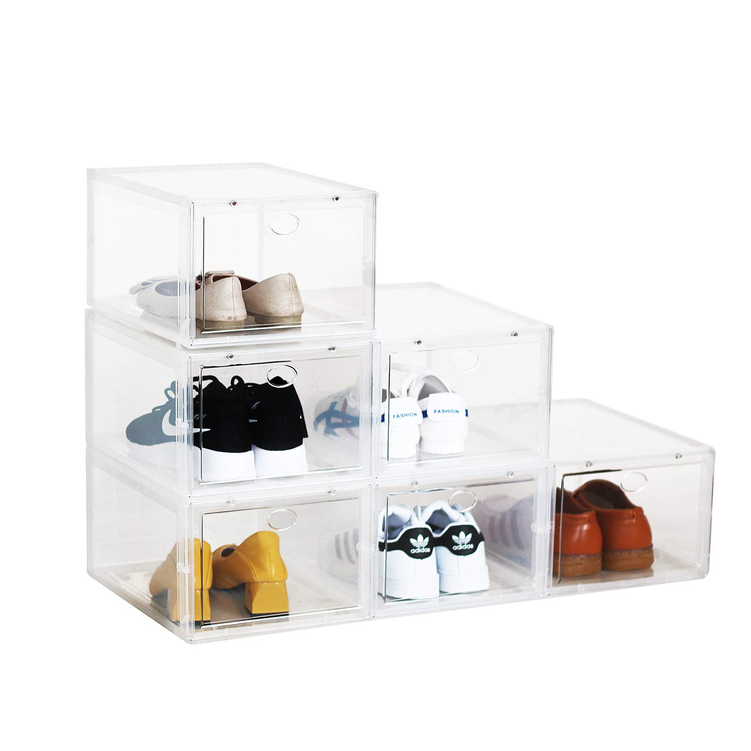 DHMAKER 6-Pack Clear Plastic Stackable Shoe Storage Boxes - Space Saving Closet Organizer for Sneakers, Boots & Heels | Durable Shoe Containers for Bedroom, Entryway & Dorm Organization