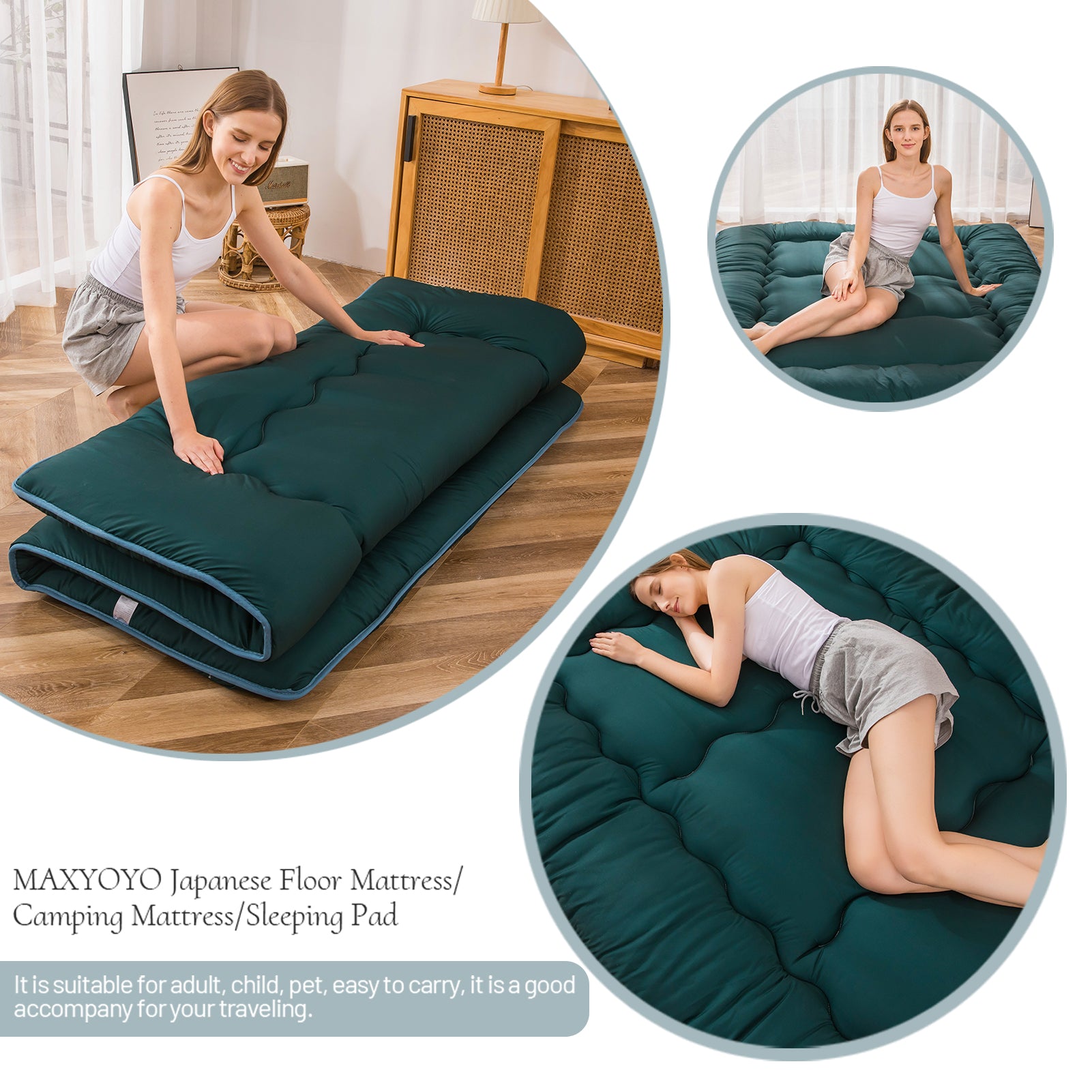 MAXYOYO Japanese Floor Futon Mattress - Dark Green Foldable Sleeping Mat for Guest Bed, Meditation & Small Space Living | Comfortable Tatami Style Floor Bed for Adults