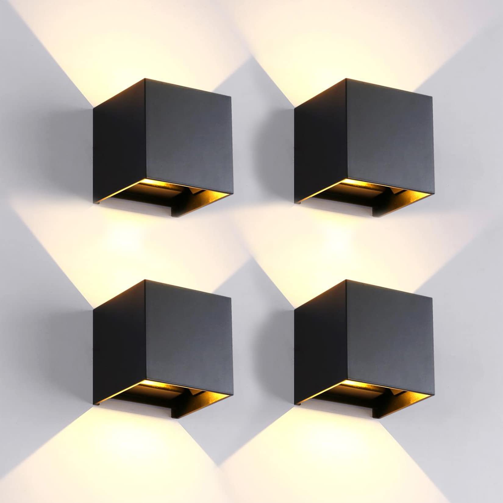 4 Pack Modern Black LED Wall Sconces - 12W 3000K Warm White Outdoor/Indoor Lighting - IP65 Waterproof Square Aluminum Fixtures for Patio, Garden, Porch & Hallway Lighting