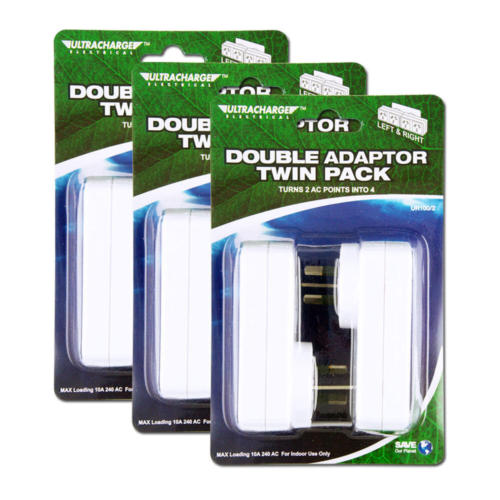 3x Ultracharge Double AC Adapter Twin L&R 4 Outlet Plug Extender - White | Multi-Port Wall Charger for Home, Office & Travel | Power Multiple Devices Simultaneously