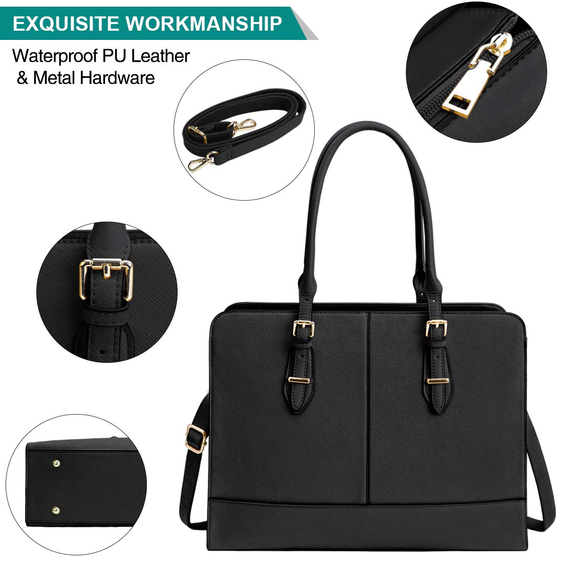 Stylish 15.6 Inch Leather Laptop Bag for Women - Professional Work Tote Handbag with Padded Compartment - Perfect for Office, Business Travel & College (Black)