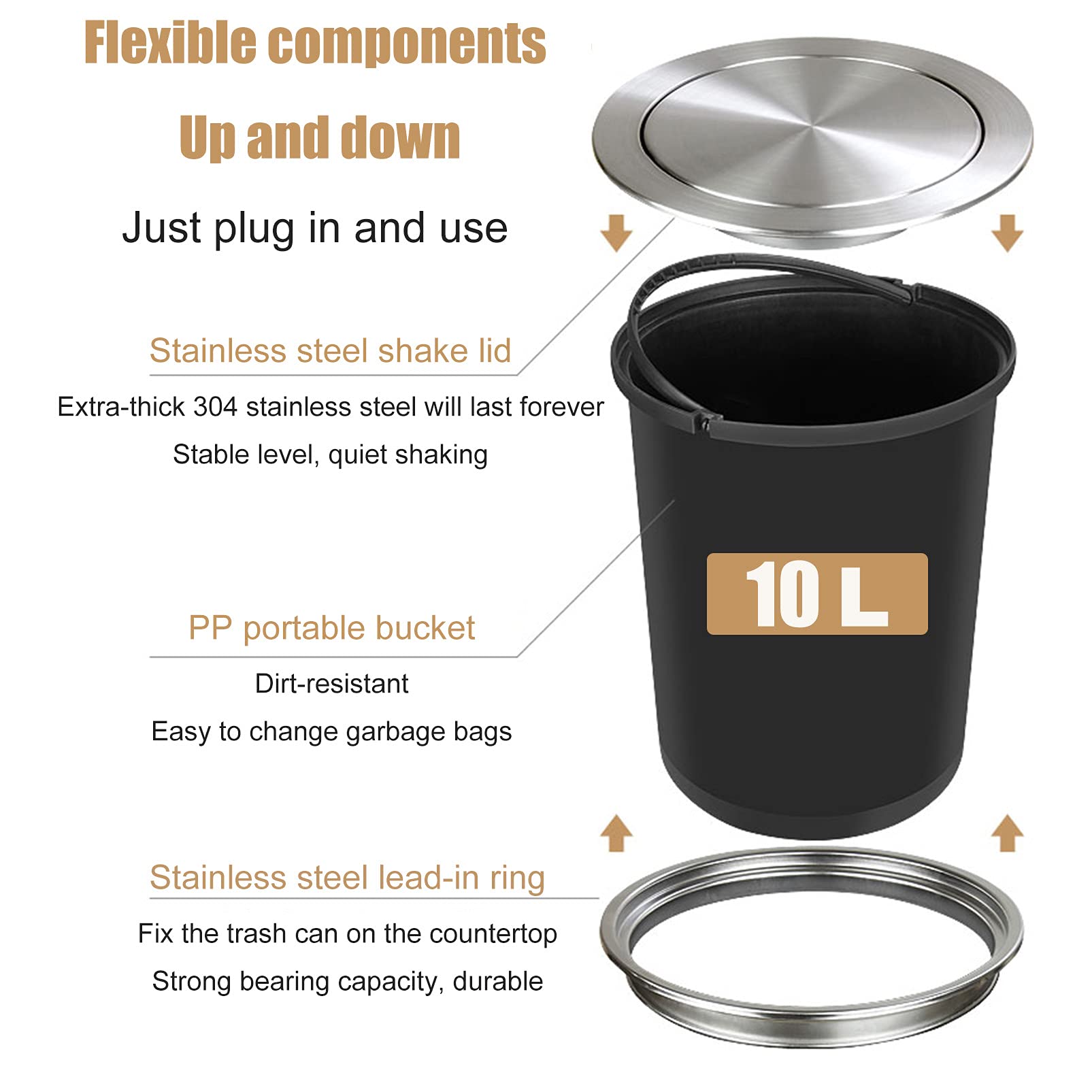 Stainless Steel Built-In Countertop Trash Can with Flip Lid - Home Kitchen & Commercial Dining Table Waste Bin, PP Cleaning Bucket Set for Easy Disposal & Hygiene Maintenance | Perfect for Small Spaces, Restaurants & Modern Kitchens