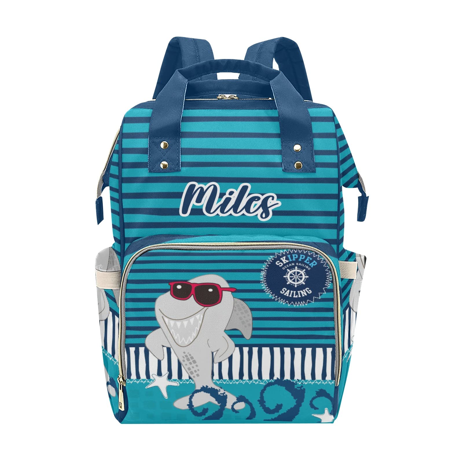 Custom Shark Striped Diaper Bag Backpack Tote - Personalized Baby Shower Gift for Moms - Perfect for Travel, Daycare & Outings