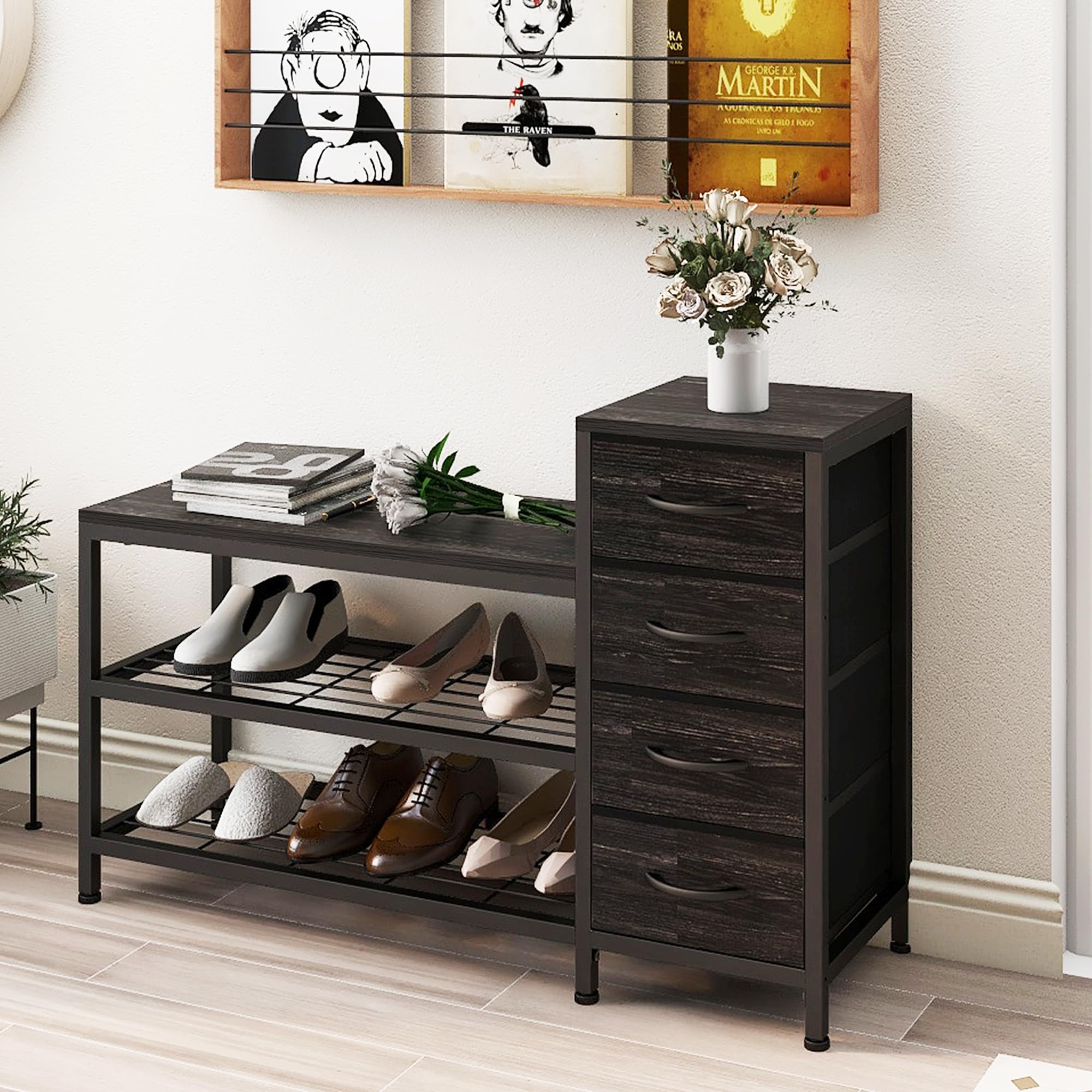 EXOTICA 3-Tier Shoe Storage Bench with 4 Fabric Drawers - Sturdy Metal Frame & Wooden Seat - Entryway Organizer for Shoes, Hats & Accessories | Perfect for Hallway, Front Door & Small Space Organization