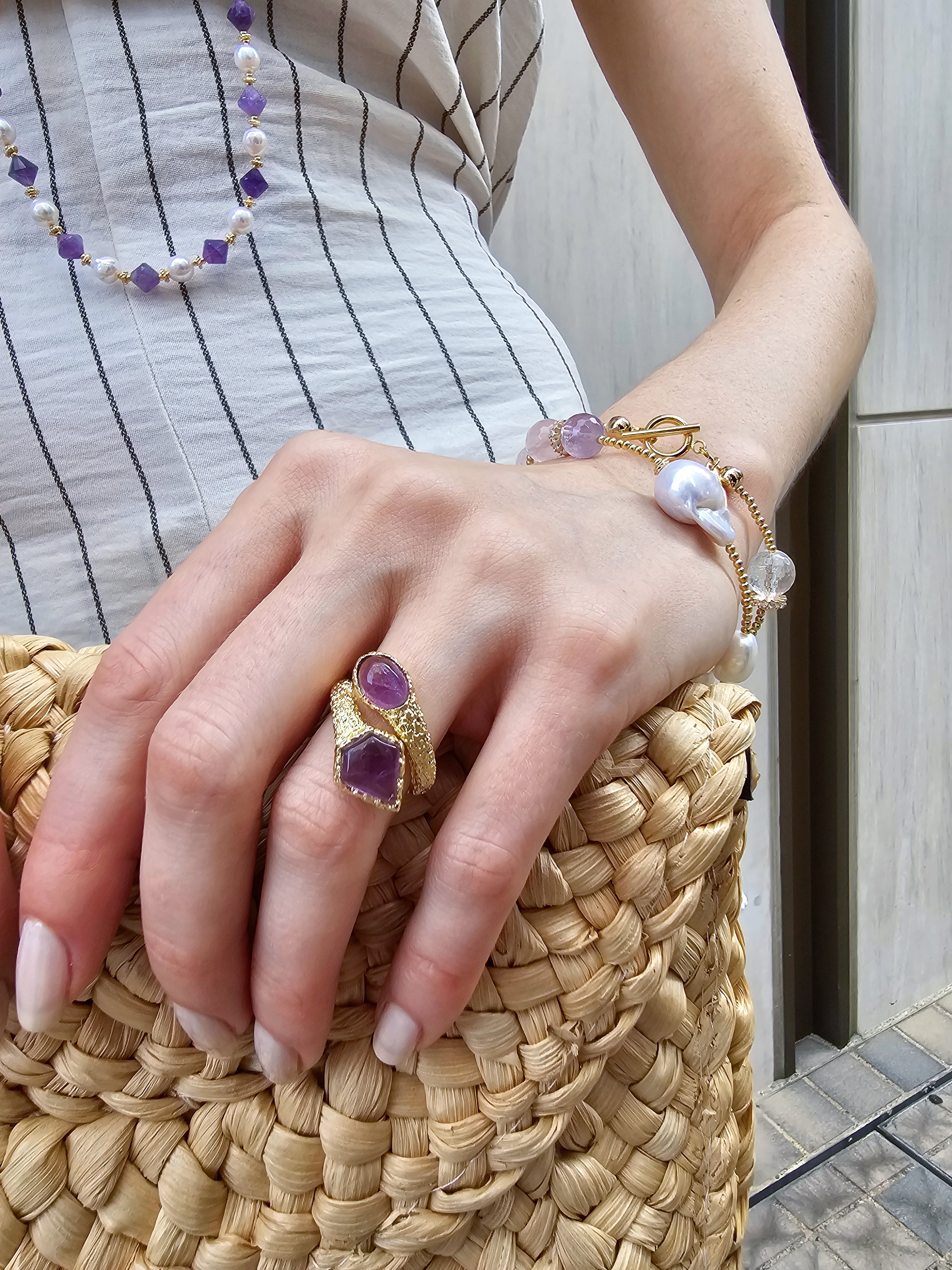 Baroque Pearls Rose Quartz Amethyst Double Layer Bracelet for Women - Elegant Boho Jewelry Gift for Birthday, Wedding & Special Occasions
