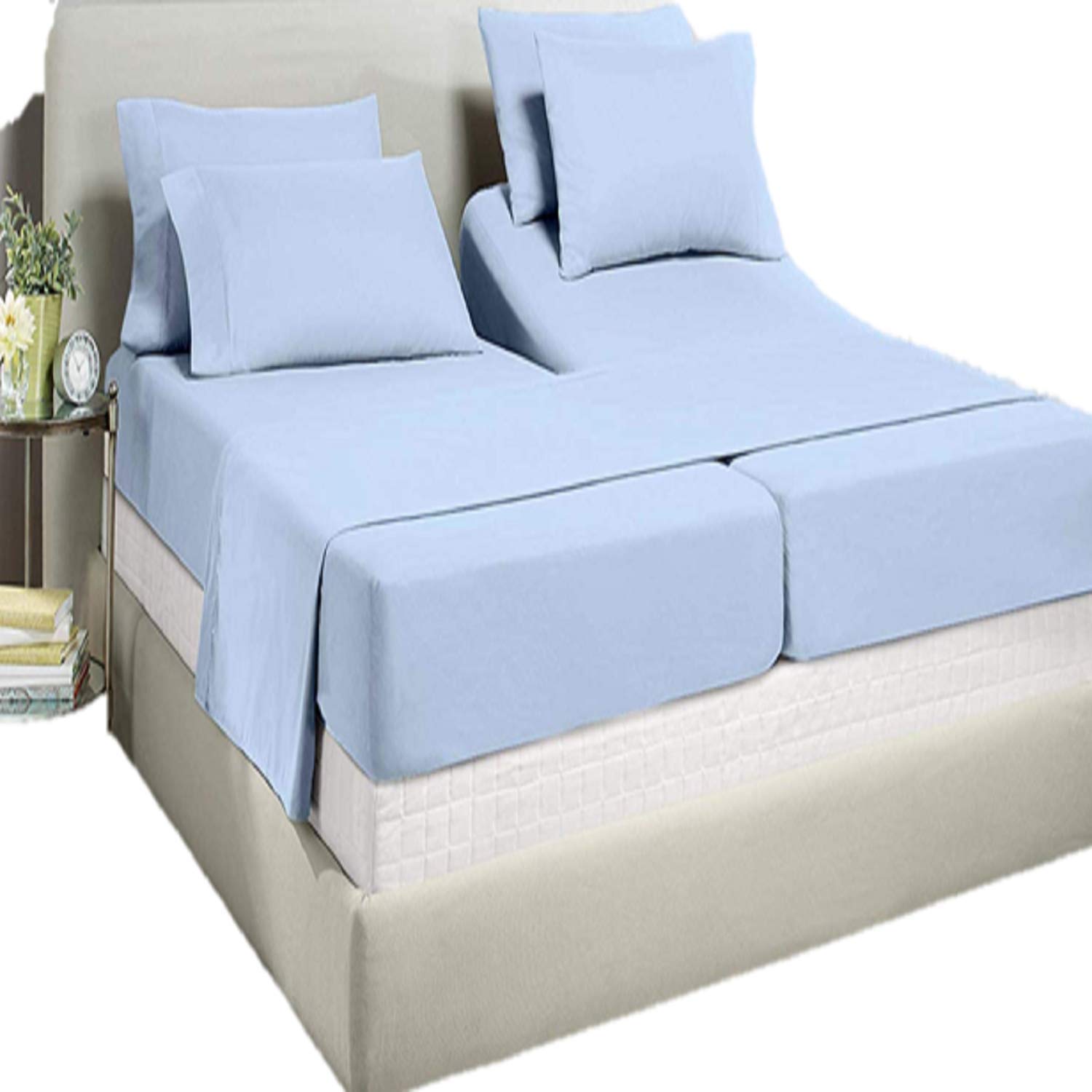 Split Queen Sheets Set for Adjustable Beds - 5 Piece 100% Egyptian Cotton - 400 Thread Count - Light Blue Solid - Fits Mattress Up to 16