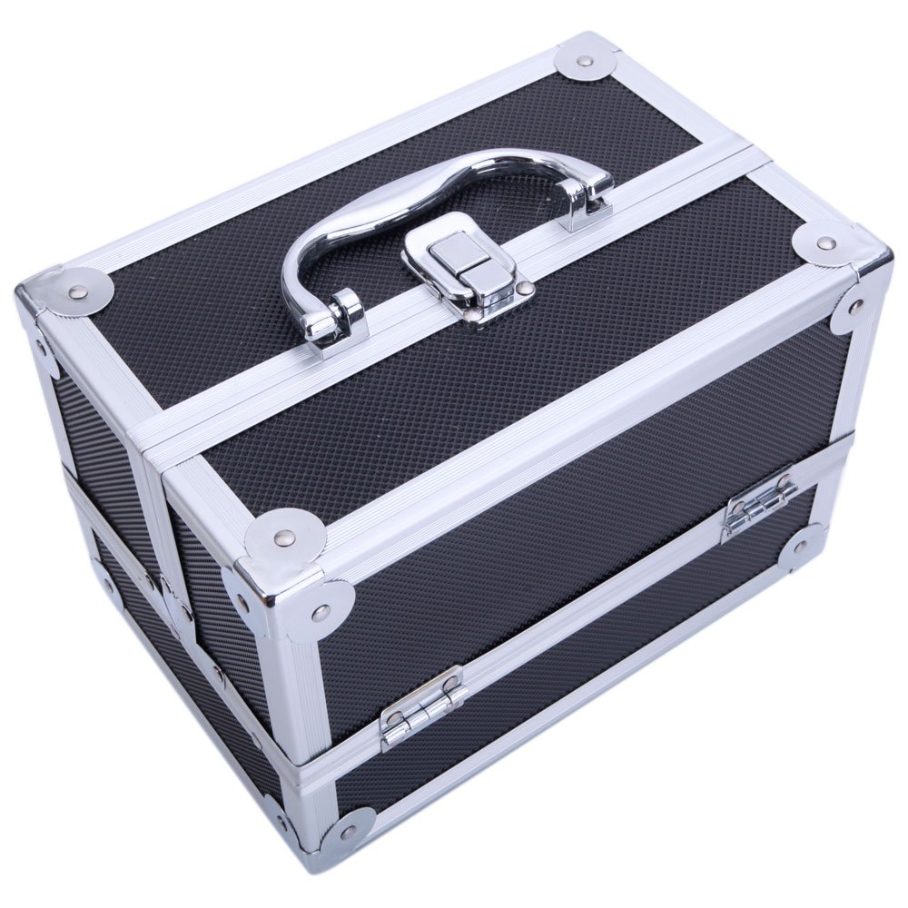 Professional Aluminum Makeup Train Case - Portable Cosmetic Organizer with 2 Trays & Mirror for Makeup Brushes, Jewelry, Toiletries & Digital Accessories (Black) | Perfect for Travel, Salon Professionals & Home Storage