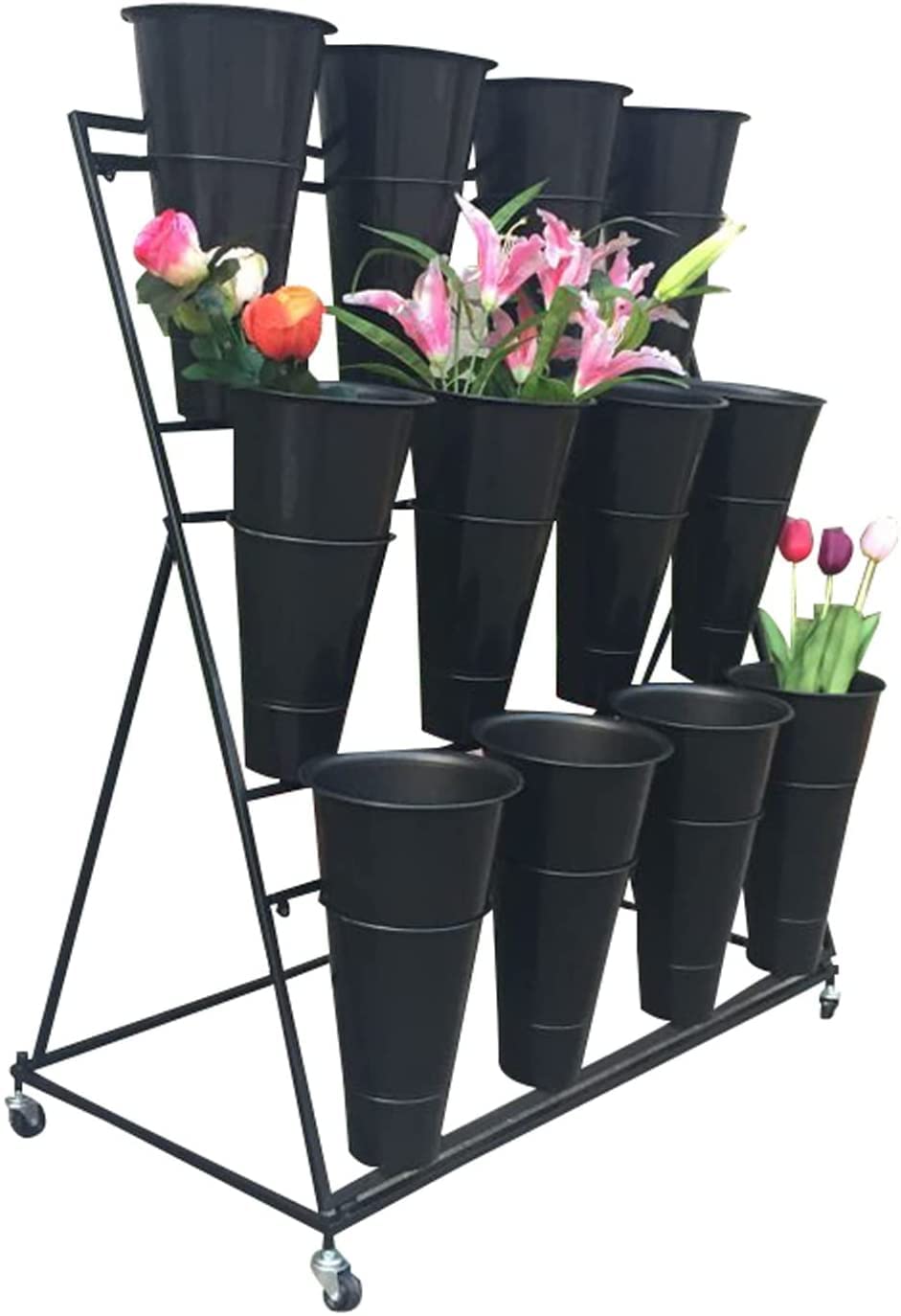 3-Tier Flower Stand with 12 Buckets - Large Multi-Layer Plant Shelf for Indoor & Outdoor Use - Perfect for Garden, Patio, Yard, Living Room & Balcony Decor (Black with Black Buckets) - Ideal for Displaying Flowers, Plants & Home Decor