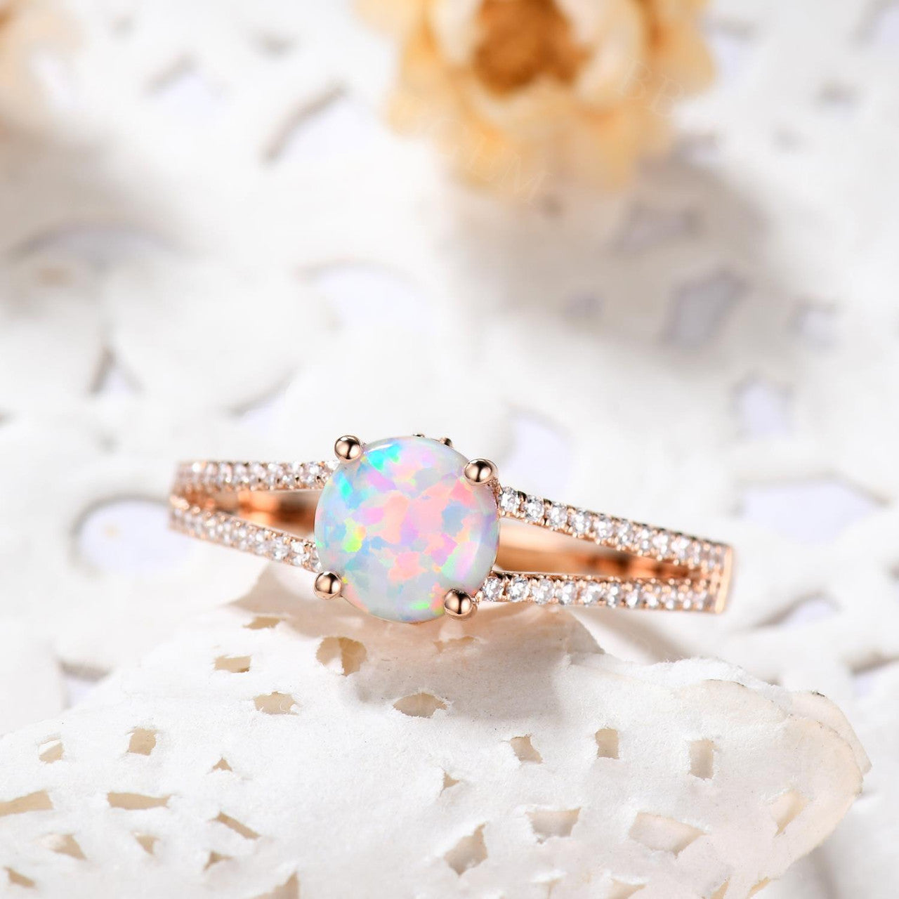 Vintage Opal Engagement Ring - Split Shank Round Cut Opal Wedding Band in Rose Gold | Perfect for Proposals, Anniversaries & Romantic Occasions