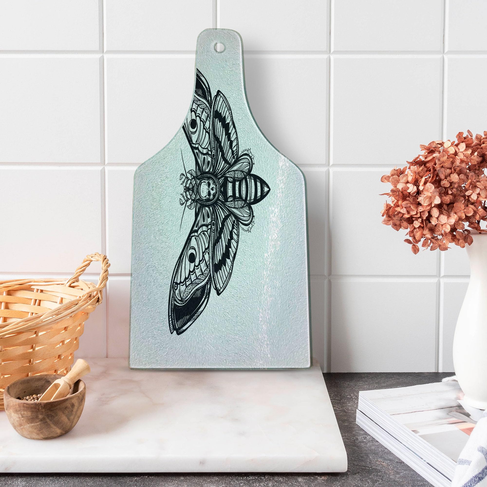 Gothic Grunge Skull Cutting Board - Dead Moth with Skull Face Design, Tempered Glass Serving Board for Cheese, Charcuterie & Wine, Black & White Wine Bottle Shape - Perfect for Halloween Parties, Gothic Home Decor & Unique Gift Ideas