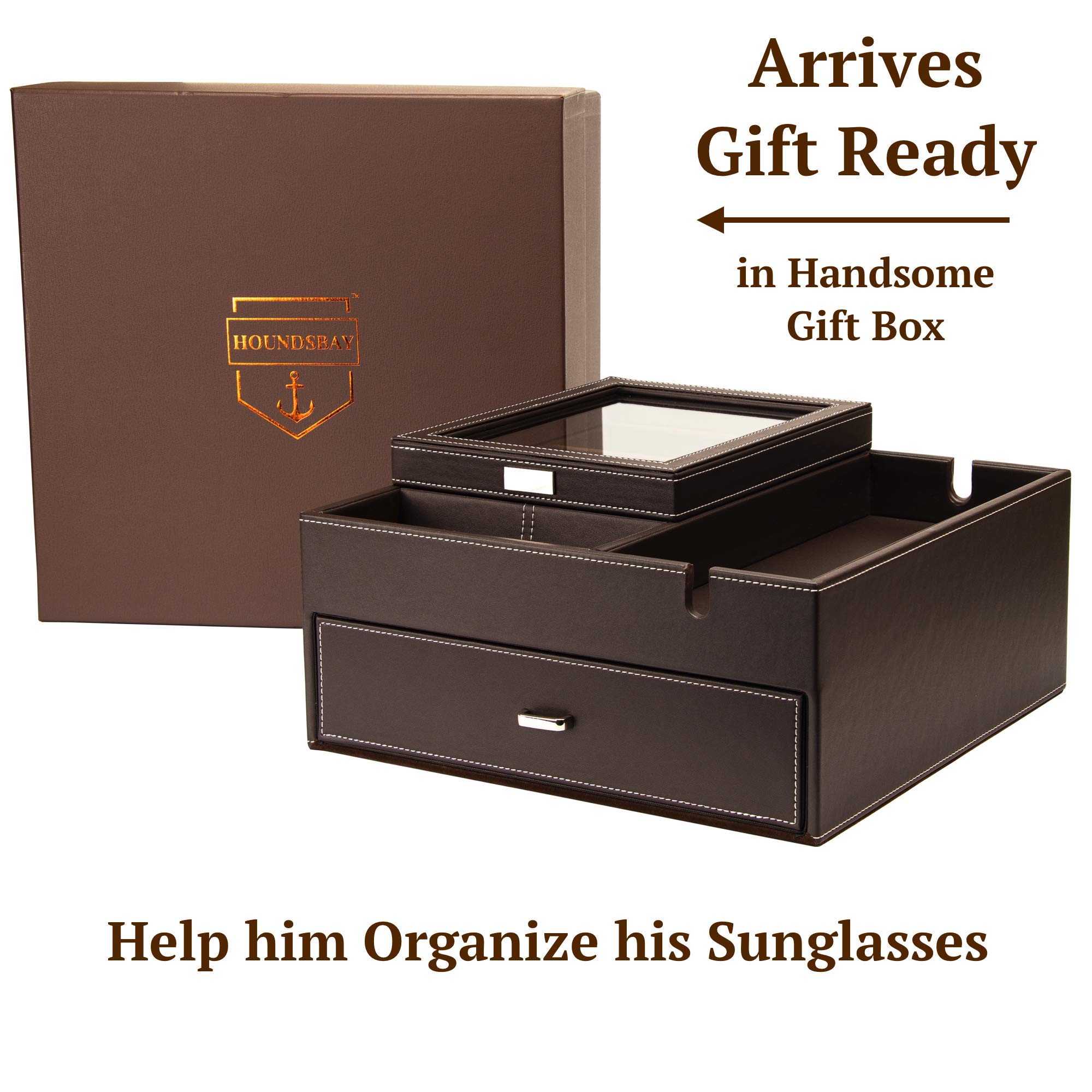 HOUNDSBAY Lookout Sunglasses & Eyeglasses Organizer with Storage Display Case - Dresser Valet Box Drawer & Charging Station (Brown) - Perfect for Bedroom, Office, or Travel Accessory Organization